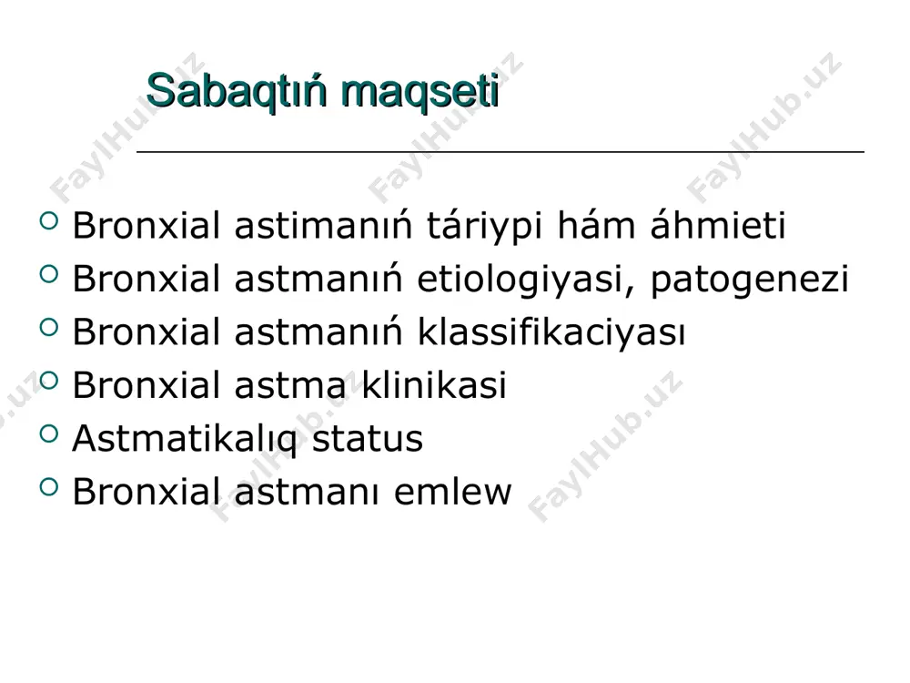 atit. temeki tútini. ba kúsheyiwine sebep bolgan faktorlar - trigerler: allergenler. viruslı respirator infekciyalar. fizikalıq psixo-emocional júkleme. meteorologiyalıq jaǵdaydıń ózgeriwi. ekologiyalıq tásir (ksenbiotikler, temeki tútini, ótkir iyisler). kóterip bolmaytuǵın ónimler, dári-darmaqlar, vakcinalar. і. xronik allergik isiniw ii. bronxoobstrukciya iii. bronxlardıń giperreaktivligi bronxial terektiń specifikalıq hám specifikalıq emes antigenlerge sezgirligi artqan bronxial astma etiopatogenezi ekzogen allergenler i. juqpalı emes: turmıslıq shań - úy shańı (75-80%):dermofagoideus pteronissimus kenesi (50%); shańlar - shóp, terek shańları (35%); azıqlıq (25-30%): ósimlikler - miywe, ovosh, dánler; haywanlar - gósh, balıq, máyek epidermal - haywanlardıń júnleri, shashları, perxotı; dári-dármaq - dári-dármaqlar, vakcinalar, zardoblar; ximiyalıq; ii. infekciyalıq: bakteriyalar, viruslar, zamarrıqlar (10-25%); ekzogen allergenler: awqat allergenleri: allergiyası joqarı ónimler: máyekler, balıq, ikra, teńiz ónimleri, dáneler - biyday, javdar; ovoshlar - geshir, pomidor; miyweler - citrus, ánar, qawın, xurma; miyweler - qulpınay, malina; shokolad, kakao, yonǵoq, pal, zamarrıq; ortasha allergiyaǵa iye ónimler: ashiq sút, may, mal góshi, tawıq góshi, grechka, …