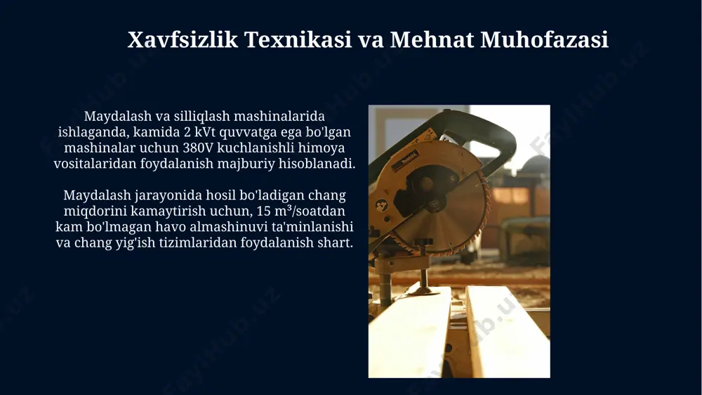 ʼminlovchi intellektual tizimlarning joriy etilishi prognoz qilinmoqda. maydalash mashinalarining turlari rulkalar yordamida maydalash jarayonida 3-5 mm gacha bo'lgan zarrachalar hosil qilinadigan maxsus maydalagichlar mavjud bo'lib, ular yuqori samaradorlikka ega. aylanma maydalagichlar, masalan, konussimon maydalagichlar, 100 dan 300 mm gacha bo'lgan materiallarni maydalash uchun mo'ljallangan va turli xil qattiqlikdagi rudalarni qayta ishlashga qodir. maydalash mashinalarida xom ashyo tayyorlash maydalash jarayonida xom ashyo hajmining 2-5 barobar oshishi kuzatiladi, bu esa maydalash mashinasining samaradorligini aniqlaydigan muhim omil hisoblanadi. maydalashdan oldin xom ashyoning namligi 15% dan oshmasligi kerak, aks holda mashinaning ishlashi buziladi va unumdorlik pasayadi. silliqlash mashinalarining konstruktiv xususiyatlari silliqlash mashinalarining asosiy konstruktiv elementi sifatida 3-5 kvt quvvatli dvigatellar, 1500-3000 rpm tezlikda aylanuvchi shpindellardan foydalaniladi, bu esa yuqori sifatli sirtni hosil qilish imkonini beradi. ba'zi silliqlash mashinalari avtomatik qo'llanma mexanizmlari bilan jihozlangan bo'lib, 0,01-0,1 mm aniqlikdagi silliqlash chuqurligini ta'minlaydi va ish samaradorligini oshiradi. e'tiboringiz uchun rahmat @taqdimot_robot image5.jpg image6.jpg image7.jpg image8.jpg image9.jpg image10.jpg …