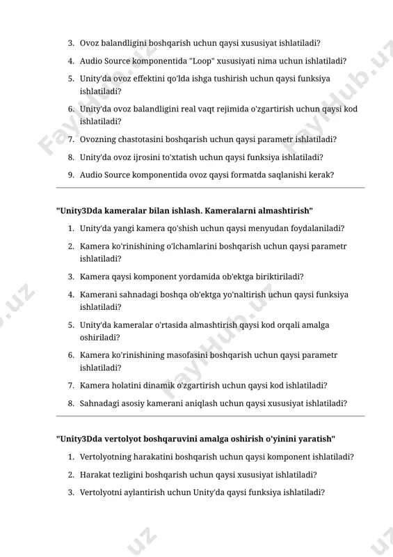 tolyotning holatini o'zgartirish uchun qanday funksiyadan foydalaniladi? 9. vertolyot o'yinida joylashuvni kuzatish uchun qaysi obyekt yordamida kamera boshqariladi? 10. unity'da vertolyot o'yinida ovoz effektlarini qo'shish uchun qaysi komponent ishlatiladi? "unity3dda avtomobil boshqaruvini amalga oshirish o'yinini yaratish" 1. unity'da avtomobilning harakatini boshqarish uchun qaysi komponent ishlatiladi? 2. avtomobilning tezligini boshqarish uchun qaysi funksiya ishlatiladi? 3. avtomobilning aylanishini boshqarish uchun qaysi xususiyat ishlatiladi? 4. unity'da avtomobilni boshqarish uchun foydalanuvchi kiritishini qanday olish mumkin? 5. avtomobilning harakatini boshqarish uchun qaysi kiritishlarni ishlatish kerak? 6. unity'da avtomobilning to'xtashini qanday amalga oshirish mumkin? 7. avtomobilni orqaga surish uchun qaysi parametr ishlatiladi? 8. avtomobilni yo'naltirish uchun qaysi xususiyat ishlatiladi? 9. unity'da avtomobilning g'ildiraklarini fizikaviy tarzda boshqarish uchun qaysi komponent ishlatiladi? 10. avtomobilning harakatini boshqarish uchun skriptda qanday metodni ishlatish mumkin?