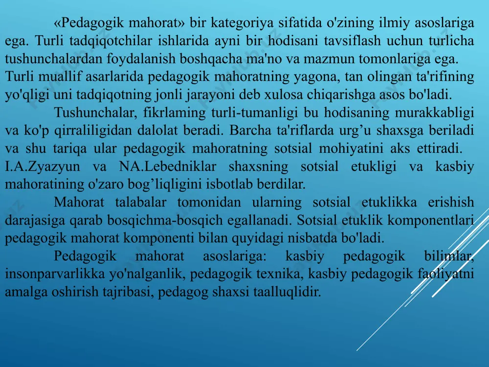 a egallash 3. fanning boshqa fanlar bilan bogliqligi hozirgi vaqtda “pedagogika” tushunchasi pedagogik fanlarning butun tizimini anglatadi. pedagogika fanlari tizimi turli adabiyotlarda turlicha tasniflari keltirilgan. umumiy pedagogika –bu ta’limning asosiy qonuniyatlarini o‘rganadigan, barcha turdagi ta’lim muassasalarida o‘quv jarayonining umumiy asoslarini ishlab chiqadigan asosiy fan. u quyidagi bo‘limlarni o‘z ichiga oladi: pedagogik faoliyatga kirish (kasbiy pedagogik faoliyatning mohiyatini, uning muammolari, vazifalari, xarakterli xususiyatlarini o‘rganadi); 2) pedagogikaning umumiy asoslari (talabalarning yosh xususiyatlaridan, pedagogik qoidalar va tamoyillardan qat’i nazar, pedagogikaning kategorik apparati, pedagogik qonunlar va asosiylarni o‘rganadi); 3) ta’lim nazariyasi (tarbiyaviy ish sohalarida maxsus tashkil etilgan ta’lim jarayonini o‘rganadi); 4) didaktika (ta’lim-tarbiya jarayonini o‘rganadi, asosan bilimlarni o‘qitish va o‘zlashtirish, ko‘nikma va malakalarni shakllantirish, shuningdek, turli xil o‘quv mashg‘ulotlarining ta’lim imkoniyatlari); 5) menejment nazariyasi. 2. yosh davrlar pedagogikasi turli yosh bosqichlarida inson tarbiyasining o‘ziga xos xususiyatlarini o‘rganadi. yosh xususiyatlariga qarab quyidagilar mavjud: perinatal pedagogika (yosh davrlar pedagogikasi, uning shakllanishi va rivojlanishi, bolalarni tug‘ilishidan oldin …