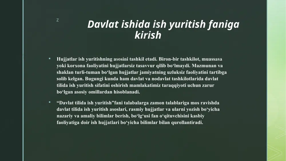 falarini bajarish davomida hujjatlar ustida olib boradigan ish usullari va jarayonlari majmuasidir. bu jarayon hujjatlashtirish, ular ustida ishlash usullarini o’z ichiga oladi. z sharq hujjatchiligining rivojlanishi qadimgi sharq davlatlarida hujjatlar yaratish amaliyoti. misr papiruslari, mesopotamiya loy lavhalari. xitoyda ixtiro qilingan qog‘oz va uning ahamiyati. 3. islom madaniyatida hujjatchilik qur'on va hadislarni yozib olish tartibi. sharq davlatlaridagi maktab va madrasalarda hujjatlar saqlash. xattotlik san'ati va hujjatlarni bezatish. z o’rta osiyo hujjatchiligi tarixi z o‘rta osiyo hujjatchiligi tarixi temuriylar davrida davlat boshqaruvidagi hujjatlar. movarounnahr kutubxonalaridagi qo‘lyozmalar. buyuk tarixchilar va hujjat saqlovchi olimlar (al-beruniy, ibn sino, al-farg‘oniy va boshqalar). 5. zamonaviy davrda sharq hujjatchiligi hujjatlarni raqamlashtirish va arxiv tizimining rivojlanishi. xalqaro standartlar va ularning joriy etilishi. sharq hujjatchiligi sharqda x-xix asrlarda yorliq, farmon, noma, bitimlar, arznoma, qarznomalar, tilxat yoki mazmunan shunga yaqin hujjatlar nisbatan keng tarqalgan. yorliqlar mazmunan xilma-xil bo’lgan: xabar, tavsif, farmoyish, bildirish, tasdiqlash va h.k. bu o’rinda to’xtamishxonning 1393-yilda polyak qiroli …