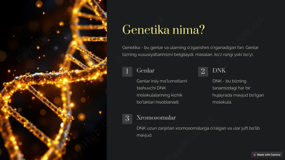 rayonida embrionlarni tekshirishni o'z ichiga oladi. 3 prenatal diagnostika bu usul homiladorlik davrida homilada genetik anomaliyalarni aniqlashni o'z ichiga oladi. 5 genetik tekshiruvlar genetik tekshiruvlar turli maqsadlarda amalga oshiriladi, masalan, irsiy kasalliklarni aniqlash, shaxsni identifikatsiyalash yoki genetik moyillikni aniqlash. turi maqsadi diagnostik tekshiruvlar irsiy kasalliklarni aniqlash prognostik tekshiruvlar kasallikka moyillikni aniqlash prenatal tekshiruvlar homilada genetik anomaliyalarni aniqlash 6 genetika va odam hayoti genetika odam hayotida muhim rol o'ynaydi. bizning genlarimiz bizning shaxsiyatimiz, xususiyatlarimiz va salomatligimizni shakllantiradi. salomatlik genlarimiz bizning kasalliklarga moyilligini belgilaydi. xarakter ba'zi tadqiqotlar shuni ko'rsatadiki, ba'zi xulq-atvor xususiyatlari genetik omillarga bog'liq bo'lishi mumkin. shaxsiyat bizning shaxsiyatimiz va qobiliyatimizni shakllantirishda ham genlar muhim rol o'ynaydi. 7 genetika va qonun genetika qonun sohasida ham muhim rol o'ynaydi. masalan, genetik tekshiruvlar jinoyatlarda aybdorlikni aniqlashda yordam beradi. jinoyat ishlari genetik tekshiruvlar jinoyatchini aniqlashda yordam beradi. ota-ona aniqlash genetik testlar ota-ona aniqlashda ishlatilishi mumkin. tibbiy tekshiruvlar genetik tekshiruvlar tibbiy maqsadlarda ham ishlatilishi mumkin. …