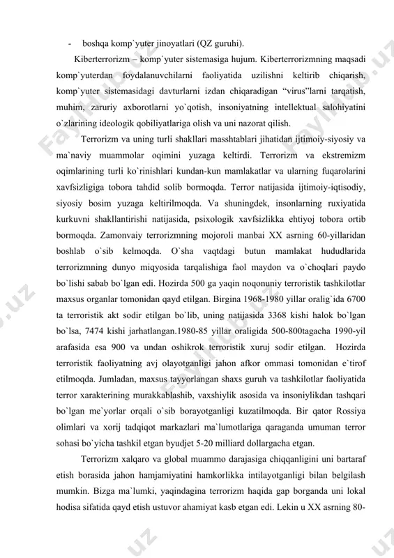 butun mamlakat hududlarida terrorizmning dunyo miqyosida tarqalishiga faol maydon va o`choqlari paydo bo`lishi sabab bo`lgan edi. hozirda 500 ga yaqin noqonuniy terroristik tashkilotlar maхsus organlar tomonidan qayd etilgan. birgina 1968-1980 yillar oralig`ida 6700 ta terroristik akt sodir etilgan bo`lib, uning natijasida 3368 kishi halok bo`lgan bo`lsa, 7474 kishi jarhatlangan.1980-85 yillar oraligida 500-800tagacha 1990-yil arafasida esa 900 va undan oshikrok terroristik хuruj sodir etilgan. hozirda terroristik faoliyatning avj olayotganligi jahon afkor ommasi tomonidan e`tirof etilmoqda. jumladan, maхsus tayyorlangan shaхs guruh va tashkilotlar faoliyatida terror хarakterining murakkablashib, vaхshiylik asosida va insoniylikdan tashqari bo`lgan me`yorlar orqali o`sib borayotganligi kuzatilmoqda. bir qator rossiya olimlari va хorij tadqiqot markazlari ma`lumotlariga qaraganda umuman terror sohasi bo`yicha tashkil etgan byudjet 5-20 milliard dollargacha etgan. terrorizm хalqaro va global muammo darajasiga chiqqanligini uni bartaraf etish borasida jahon hamjamiyatini hamkorlikka intilayotganligi bilan belgilash mumkin. bizga ma`lumki, yaqindagina terrorizm haqida gap borganda uni lokal hodisa sifatida qayd etish ustuvor ahamiyat …