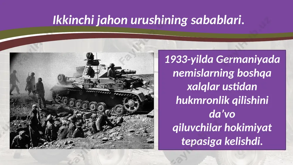 andi. sobiq sovet ittifoqi hukumati fashistlar germaniyasi ustidan qozonilgan g‘alaba sharafiga 9-may kunini «g‘alaba kuni» deb e’lon qildi. ular lagerlardagi maxsus joylarda gaz bilan bo‘g‘ib o‘ldirildi. o‘lganlarning jasadlari maxsus olovxonalarda yondirilib, kullari o‘g‘it o‘rnida ishlatildi. savol va topshiriqlar: 1. gitler germaniyasining maqsadi nima edi? 2. nega sobiq sovet ittifoqi, buyuk britaniya va fransiya ikkinchi jahon urushining oldini ola olmadilar? 3. ikkinchi jahon urushining yakunlari haqida so‘zlab bering. 4. ikkinchi jahon urushining fojiali oqibatlari insoniyatga qanday saboq berdi? image2.jpg image3.jpeg image4.jpeg image5.jpeg image6.jpeg image7.jpeg image8.jpeg image9.emf image10.jpeg image11.jpeg image12.emf image13.jpeg image14.png image15.jpeg image16.jpeg image1.jpg