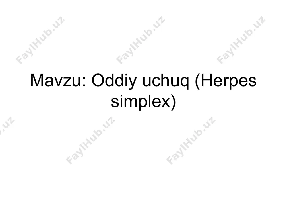 uq, lab iyak osti va yuz jaroxatlangan katta yoshdagi kishida birlamchi gerpetik stomatit katta yoshdagi kishida birlamchi gerpetik stomatit katta yoshdagi shaxsda tilning gerpetik jaroxatlanishi terining birlamchi gerpetik jaroxati gerpetik infekstiyaning restidivlanishi ko’zning gerpetik jaroxatlanishi tanada oddiy uchuqning zostersimon shakli oddiy uchuq quloqda oddiy uchuqning eroziv yarali shakli yarali uchuq gerpangina oddiy uchuq jinsiy olatning gerpetik jaroxatlanishi jinsiy a’zo uchug’i jinsiy a’zo uchug’i jinsiy a’zo uchug’i gerpetik vulvovaginit qin daxlizining gerpetik jaroxatlanishi yarali oddiy uchuq gerpetik stervistit jinsiy a’zolar oddiy uchug’i oiv bilan og’rigan bemorda oddiy uchuq leykoz bilan og’rigan bemorda immunodefistit xolati va uchuqning ko’rinishi. oiv bilan og’rigan bemorda jisiy olatda oddiy uchuq immunodefistit xolatida: uchuqning tarqalgan shakli uchuq: kaposhi gerpetik ekzemasi uchuq: kaposhi gerpetik ekzemasi uchuqning tashxisoti asosan anamnestik ma’lumotlar asosida klinik kechimiga qarab serologik usullar yordamida (virus antitelolar titrining oshishiga qarab) immunofermen analiz va ptsr usulida oddiy uchuqning davosi viruslarga qarshi preparatlar (gerpevir tabletka yoki malxamda, banafaton …