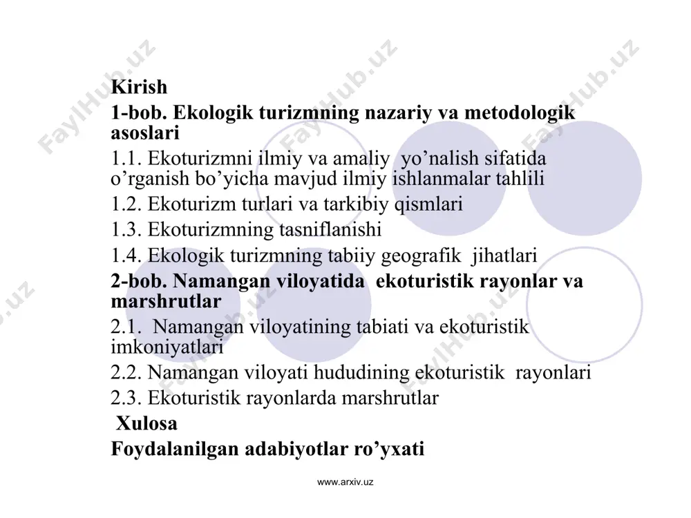 g boshqa mamlakatlari, osiyo, shimoliy amerika davlatlariga yoyilgan. lekin ekoturizmning yo’lga qo’yilishi xx asrning oxiri va xxi asrning boshlariga to’g’ri keldi, xolos. shuning uchun hozircha ekoturizmning umume’tirof etilgan nazariyasi va amaliyoti yetarli darajada shakllanmagan. r.davidov (1990), a.v.drozdov (1999), n.tuxliev va a.taksanov (2001), v.v.xrabovchenko (2003), t.v.bochkareva (2003), l.i.egorenkov (2003), a.taksanov (2005), n.tuxliev va t.abdullaeva (2006) kabi tadqiqotchilarning ishlari esa ko’proq ekoturistik marketing, menejment, ta’lim, tarbiya va ekoturlarga bag’ishlangan bo’lib, ularda tabiatga qilinadigan turizm bilan ekoturizm o’rtasida aniq bir chegara o’rnatilmagan. namangan viloyatida ham hali ekologik turizm va uning rivojlantirish jihatlari to’liq o’rganilmagan. www.arxiv.uz www.arxiv.uz * tadqiqotning maqsad va vazifalari mazkur tadqiqotning asosiy maqsadi- namangan viloyatida ekologik turizmning ilmiy asoslarini ishlab chiqish va rivojlantirish jihatlari ochib berishdan iborat. ushbu maqsadga erishish uchun quyidagi vazifalar hal etildi: √ ekoturizmning ob’ekti va predmetini aniqlashtirish; √ ekoturizmning namangan viloyatida hududidagi ekoturlarini tasniflash; √ ekoturizmning tabiiy geografik jihatlarini ochib berish;. √ namangan viloyati tabiatining (landshaftlarining) ekoturistik …
