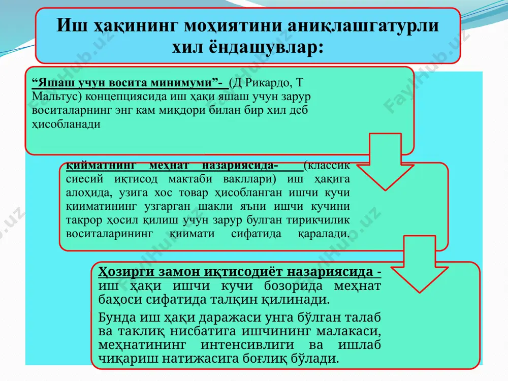 иқаришнинг меъёрлаштирилган ҳажми учун белгиланган ва ундан ортиқчасига оширилган раценка бўйича иш ҳақи тўланади. 9 ишбай иш ҳақи тизими: турли тоифадаги ходимлар бўйича иш ҳақи даражасини табақалаштириш тариф тизими орқали амалга оширилади. тариф тизими тариф-малака справочникларини ва иш ҳақига ҳар хил коэффитциентларини ўз ичига олади. тариф — малака маълумотномалари. унда айрим касб ва иш турларининг таърифи, аниқ бир ишни бажарувчиларнинг малака ва кўникмаларига қўйиладиган талаблар ҳамда уларнинг разрядлари кўрсатилади. тариф — сеткаси. унда биринчи ва ундан кейинги разрядли ходимлар меҳнатига ҳақ тўлашнинг ўзаро нисбатини акс эттирувчи тариф коэффициентлари кўрсатилади. иш ҳақига турли коэффициентлар. унда меҳнат қилиш шароити оғир бўлган ҳудудлар ва зарарли ишларда ишловчилар тариф ставкасига қўшимча коэффициентлар белгиланади. 10 тариф тизими меҳнатга ҳақ тўлашнинг ягона тариф сеткаси (олдингиси) меҳнатга ҳақ тўлаш разрядлари тариф коэффициентлари вазирлар маҳкамасининг 2019 йил 18 январдаги 47-сонли қарарига асосан), 1 2,476 2847 2 2,725 2997 3 2,998 3148 4 3,297 5 3,612 6 3,941 7 …