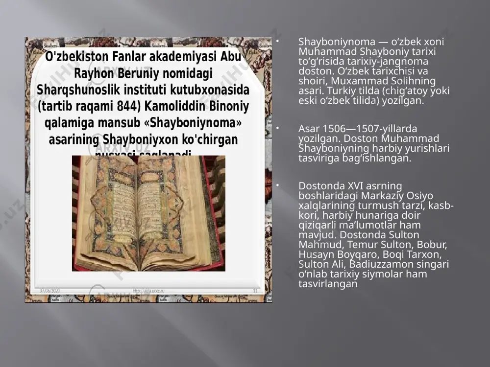 hi bevosita din peshvolari tashabbusi bilan tashkil etilgan. chunki bu davrda xuroson eron safaviylari (shia mazxabdagilar) qo’l ostida bo’lib, hirotga yurish qilib shialar hukmronligigiga chek qo’yishga undagandilar. bundan ko’rinadiki , bu davrda nafaqat jo’ybor shayxlari, balki boshqa diniy ulamolar ham xonlikdagi harbiy siyosiy jarayonlarda faol ishtirok etishgan . glossary sultonobod- buxoroning shimoliy tarafida joylashgan obod qishloq . shu nomli ariq bo’yida joylashgan chaxor minor – chor minor zarafshon daryosida shayboniyxon tomonidan qurilgan ravoq yonidagi ko’prik shunday atalgan. xarziylar – munchoq marjon shunga o’xshash ziynat buyumlarini sotuvchi xorijiy savdogarlar sarzanish – koyish , sazo berish , tanbeh, haqorat inoyatnoma – podshoh xonlaridan , shuningdek ulug’ mansabdor kishilardan kelgan va unda ma’lum iltifot bayon qilingan quvonchilik maktubi istixon – yaxshilik bilan eslash , birov xususida yaxshi xotirada bo’lish piri turk – xoja ahmad yassaviy yassaviya tariqatining asoschisi va tasavvufiy shoir ankabut – o’rgimchak , astronomiya asboblaridan biri ham shu nom bilan atalgan …