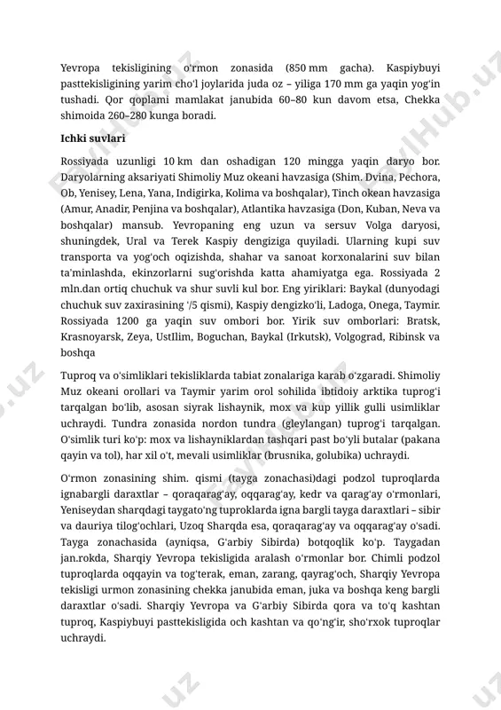 va uzoq sharqda ruxqoʻrgʻoshin, ural, oltoy, zabaykalye va kola yarim orolda qimmatbaho toshlar, marmar, granit, bazalt, saxada olmos konlari, shuningdek, turli joylarda volfram, molibden, surma, simob, oltin, kumush, platina, kobalt, slyudamoskovit, asbest va sh.k. foydali qazilmalarning katta konlari bor. iqlimi deyarli hamma joyda kontinental (chekka shim.gʻarbda dengiz ikdimi), sibir va uzoq sharq shim. da keskin kontinental, janubida musson iklim (qishi sovuq, qor kam yogʻadi, yozi moʻʼtadil iliq). qishda p. hududi ustida yuqori atmosfera bosimi (sharqaa osiyo antitsikloni) hukmron boʻladi. yanvarning oʻrtacha temperaturasi yevropa qismining gʻarbida va kavkaz shimoida 0–5°, saxa sharqida –40°, –50°, jumladan, oymyakonda – 72,2° gacha. yozda atmosfera bosimi pasayadi, shu sababli bu mavsum nisbatan iliq, janubida issiq, iyulning oʻrtacha temperaturasi g dan (sibir shim.) 24–25° gacha (kaspiyboʻyi pasttekisligida) yetadi. eng koʻp yogʻingarchilik kavkaz togʻlarida (yiliga 3200 mm gacha), uzoq sharq janubida (1000 mm gacha) va sharqiy yevropa tekisligining oʻrmon zonasida (850 mm gacha). kaspiybuyi pasttekisligining yarim choʻl …