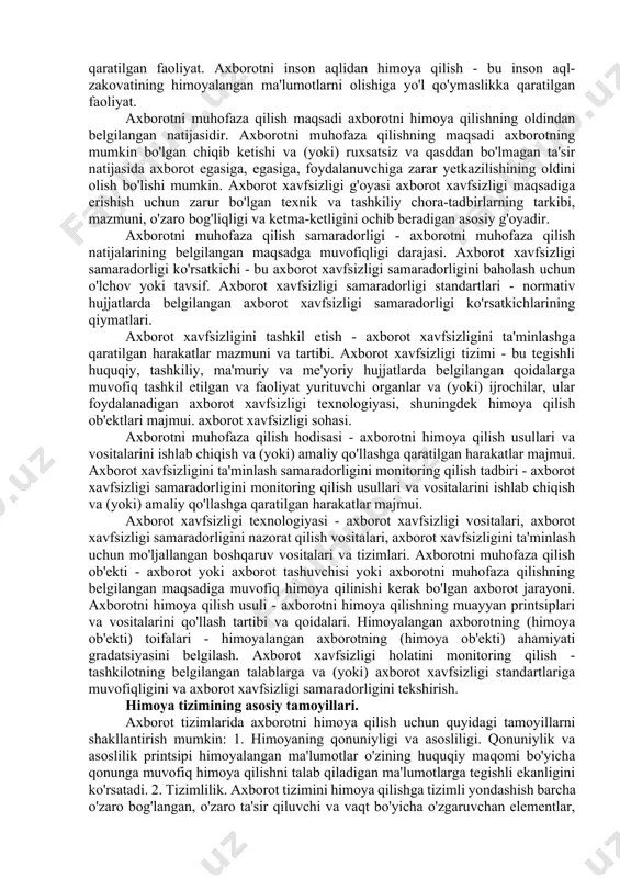 maganda reformatsiya davridan beri chambarchas bog'langan va agar og'zaki muloqotni hisobga olsak, marosimlar va kiyim-kechak tili, keyin muloqot islohotdan oldin ham dinni tushunishimiz uchun asosdir. binobarin, bugungi kunda, axborot asrida dinning taqdiri haqida fikr yuritar ekanmiz, dinning ma’no va ma’nolar tizimi barcha davrlarda muloqot shakllari bilan uzviy bog‘liq bo‘lganligini anglashdan boshlashimiz kerak”. ommaviy axborot vositalari va dinni ijtimoiy institutlar sifatida raqobatbardosh va hatto qarama-qarshilik sifatida ko'rish mumkin, chunki ular ikkalasi ham ijtimoiy hayotda qiymat hakami bo'lishga da'vo qiladilar. agar biz torroq “ijtimoiy institut” tushunchasidan tizim sifatida jamiyat ichidagi kengroq “quyi tizim” tushunchasiga o‘tsak, din va ommaviy axborot vositalarining raqobati va funksional parallelligi ham ana shu umumiy darajada namoyon bo‘ladi, chunki din va ommaviy axborot vositalari o'lchaydi va baholaydi, ulug'laydi va qoralaydi. 12.2. milliy g‘oya va axborot xavfsizligi himoyalangan axborot - bu mulkiy bo'lgan va qonun hujjatlari talablariga yoki axborot egasi tomonidan belgilangan talablarga muvofiq muhofaza qilinishi kerak bo'lgan ma'lumotlar. axborot …