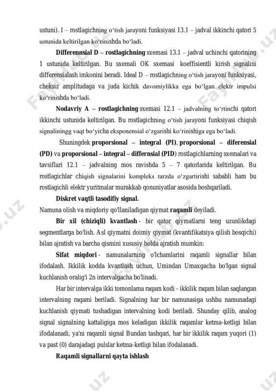 igiga mos keladigan ikkilik raqamlar ketma-ketligi bilan ifodalanadi, ya'ni raqamli signal bundan tashqari, har bir ikkilik raqam yuqori (1) va past (0) darajadagi pulslar ketma-ketligi bilan ifodalanadi. raqamli signallarni qayta ishlash raqamli signalni ishlash alohida signal uzatish va ma'lumotlar uzatish signalizatsiya tizimlarida ishlaydi. ayrim transformatsiyalar matematikasi, analogiya matematika chuqurliklarida 18-asrga kelib, seriyalar nazariyasi va funksiyalarning interpolatsiyasi va yaqinlashuvi uchun qo'llanilishi natijasida paydo bo'lgan, ammo birinchi kompyuterlarning paydo bo'lishi bilan xx asrda jadal rivojlanishga erishilgan. prinsipial jihatdan, asosiy tamoyillar asosida alohida ishlab chiqilgan mate- matik apparat analog signal va tizimlarning o'zgarishiga o'xshaydi. biroq, ma'lu- motlarning nomuvofiqligi ushbu omilni hisobga olishni talab qiladi va uni e'tibor- siz qoldirish muhim xatolarga olib kelishi mumkin. bundan tashqari, alohida matematikaning bir qator usullari analitik matematikada o'xshash emas.