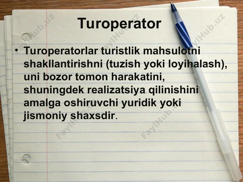ning o‘zi barcha oqibatlari va javobgarlikni bo‘yniga olgan holda turoperatorlik funksiyasini bajaradi. hozirgi paytda turlarni iste’molchiga internet tarmog‘i orqali sotish shakllanmokda, lekin iste’molchiga faqat axborot berish va mahsulot taklif etish, uni mijozning talabnomasi bo‘yicha o‘zlashtirish bosqichlargina avtomatlashtirish imkoniyatiga ega, ba’zi hollarda, masalan, bankdagi hisob-kitoblarni yoki kredit kartalarining raqamlarini ko‘rsatishda haq to‘lash ham nazarda tutiladi. ҳудуддаги туристларга хизмат кўрсатиш қуйидаги ташкилотлар орасида тақсимланади: ҳокимиятлар (шаҳар даражасида) меҳмонхона мажмуалари ва овқаталнишни ташкил қилувчилар вакиллари туроператорлар ва воситачилар транспорт ташкилотлари