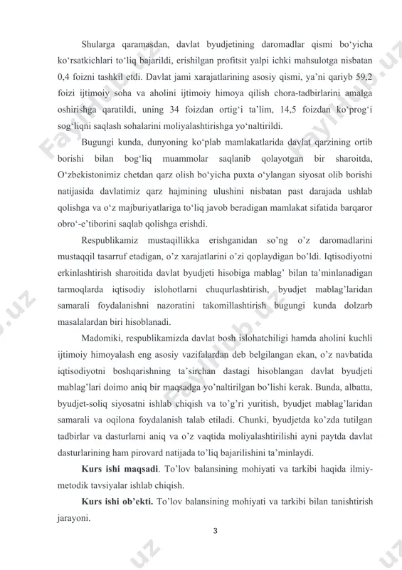 shi natijalaridan pedagogik fanlar bo‘yicha ma’ruzalar tayyorlash, qo‘llanmalar yaratish, shuningdek metodik tavsiyanomalar yaratishda, ish tajribalarini ommalashtirishda samarali foydalanishga xizmat qiladi. kurs ishining tuzilishi. mazkur kurs ishi kirish, 2 ta bob, 5 ta reja, xulosa va foydalanilgan adabiyotlar qismidan iborat. birinchi bobda to’lov balansining mohiyati va ahamiyati, ikkinchi bobda to’lov balansi va moliyaviy hisob kitoblar tahlili haqida so’z yuritilgan. kurs ishining umumiy hajmi 38 betni tashkil qiladi. i bob to’lov balansining mohiyati va ahamiyati 1.1. to’lov balansining mohiyati, tarkibi va to’lov balansini ishlab chiqishning asosiy shartlari хo’jalik subyektlarini boshqarish uchun, eng avvalo, ulardagi mablag’lar haqidagi ma’lumotlarga ega bo’lish kerak. shu bilan birga ular, mablag’larning qanday turlariga ega va bu mablag’lar qanday manbalardan tashkil topganligini bilish kerak bo’ladi. bunday ma’lumotlar umumlashtirilgan hodda pul ko’rsatkichlarida ma’lum bir sanaga berilishi kerak. mablag’lar tarkibi va qanday maqsadlarga mo’ljallanganligini o’rganish uchun ularni iqtisodiy jihatdan guruhlash zarur. mana shu ma’lumotlar buxgalteriya balansi yordamida olinadi. to’lov balansi xo’jalik …