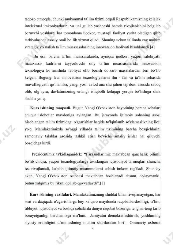 uchun biz yoshlar ongida “ommaviy madaniyat” ga bo`lgan xohishlarni, moyilliklarni vujudga kelmasligi uchun doimo yoshlar bilan ishlash, ular o`rtasida mutolaa madaniyatini hamda shu vatanga dahldorlik hissini orttirishga harakat qilishimiz zarur. shundagina mamlakat ertasi bo`lgan yoshlarni “boy berilgan yoshlar” qatlamidan saqlab qolishimiz mumkin. bu borada ya’ni “boy berilgan yoshlar” qatlami vujudga kelib bo`lgan ayrim davlatlar endi nima qilarini bilmay turgan paytda, biz yoshlarimizni “ommaviy madaniyat”, “olomon madaniyati”ning ta’sirlaridan saqlashimiz har birimizning ma’naviy burchimizdir.[1] kurs ishining obyekti. multimedia (‘’ko’p muhitlik’’ degan ma’noni bildiradi) zamonaviy axborotlar texnologiyasi bo’lib kompleks tushunchani anglatadi. multimedia axborotning turli ko’rinishlari matn , jadval , grafika , nutq , animatsiya multiplikatsiya) , video tasvir , musiqa yordamida axborotni yig’ish , saqlash , qayta ishlash va uzatish vazifalarini bajaradi. multimedia ‘’inson kompyuter’’ interaktiv (dialogig) muloqotning yangi, takomillashgan pog’onasi bo’lib , unda foydalanuvchi juda keng va har tomonlama axborot oladi. multimedia vositalaridan xordiq chiqarish, ta’lim olish va reklama kabi sohalarda foydalaniladi. …