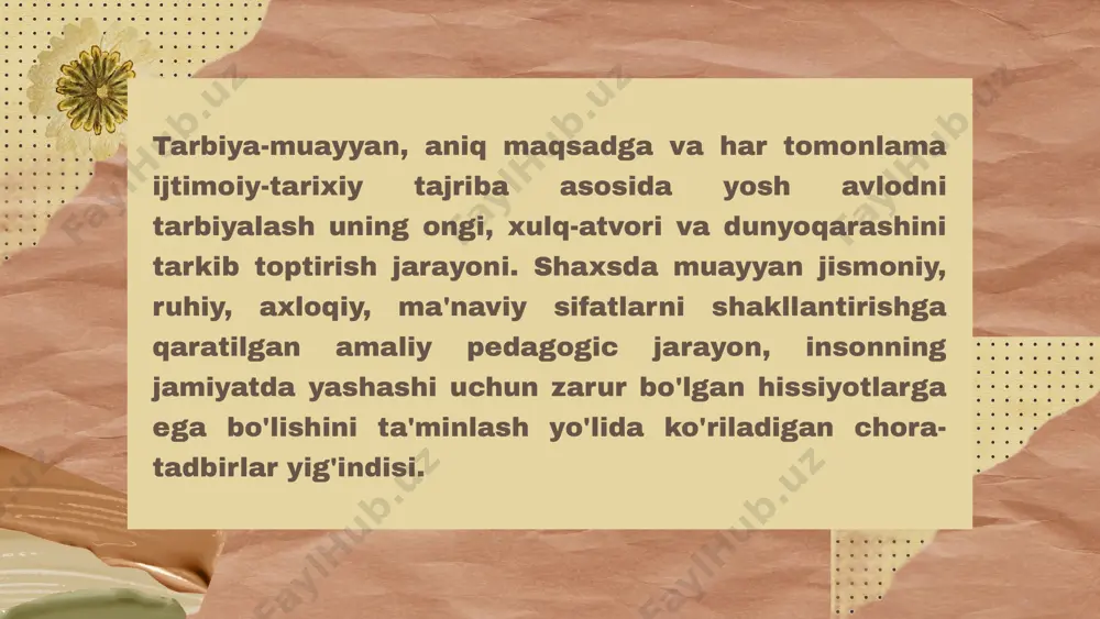 guruhlarning qiziqishlarini hisobga olgan holda ijtimoiy munosabatlar doirasida jamiyat a'zolarining harakatini tartibga solish. xalqimiz uchun abadiy yo'qolmaydigan qadimiy tushuncha hisoblanadi tarbiya. axloq, ta'lim, odob, tarbiya kabi tuyg'u-tushunchalar qonimizga singib ketgan qadriyatimizdir. qadimdan tarbiya, maktab, ta'lim sohasiga jiddiy e'tibor qaratishgan. buyuk adiblarimiz alisher navoiy, behbudiy, abdulla avloniy, abdurahmon jomiy, abu ali ibn sinolarning asarlarida ham bu qrashlar o'z ifodasini topgan. millatimizning madaniyati qanchalik boy ekanligini ham shundan bilib olsak bo'ladi. ma'rifatparvarlardan biri, abdulla avloniy ta'lim va tarbiya, maktab ochish, yoshlarni bilimli ma'naviyatli qilib tarbiyalash haqida qator ishlarni olib boradi. ko'plab asarlarini ta'lim olish, bilim va tarbiyaning mazmuni va mohiyatini yoritib bergan holda, insonlarni ta'lim, tarbiya olishga undash, pand-nasihat shaklida yozadi. ayniqsa, tarbiya haqida bildirgan fikrlari hozirgi kunda ham o'z ahamiyatini yo'qotmasdan, biz uchun kerakli bo'lgan ko'nikmalarni o'zida saqlab qolgan. avloniyning pedagogik qarashlari bugungi kundagi maktablarning yaratilish asosiga beqiyos hissa qo'shgan. ma'rifatparvar adibning milliy qadriyatlarimizni kuylagan asarlari o'zbek adabiyoting bebaho xazinasidir. bu …