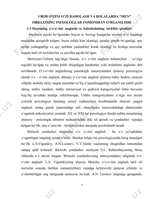 a.n. leontev talqiniga qaraganda, individual ongdagi mohiyat bilan mazmun o‘rtasidagi ziddiyat o‘zini - o‘zi anglashning asosida "men" likning mazmuni va mohiyati o‘rtasidagi ziddiyat yotadi. ikkinchi yo‘nalish asoschisi s.l. rubinshteyn tadqiqotlarigaasoslanib, biz o‘z - o‘zini anglash muammosini tadqiq etishga e'tibor qaratamiz, eng avvalo, uning subektiga, ya'ni shaxs (individ)ga qaratishni maqsadga muvofiq deb hisoblaymiz. boshqacha so‘z bilan aytganda, o‘z - o‘zini anglashni shakllantirishning manbai ong va undagi ziddiyat bo‘lmasdan, balki insonning ijtimoiy muhitda tarkib topishi hamda rivojlanishi sanaladi. ruhiy faoliyatning maxsus holdagi (vaziyatdagi) obektiv shart - sharoitlari sifatida odamlarning hayoti, umumiy yashash sharoiti yotadi, — deb yozadi s.l. rubinshteyn. s.l.rubinshteyn va k.a.abulxanova - slavskayalaro‘z-o‘zini anglashning ichki mohiyati ikki negiz (asos) bilan tavsiflanishini ta'kidlaydilar. negizning birinchisi -insonning atrof - muhit va shaxslararo munosabatlarining mazmunidan iboratdir. uning ikkinchisi esa ana shu munosabatlar to‘g‘risida uni fikr yuritish imkoniyatining ifodasidir. shulardan birinchisi ijtimoiy, ya'ni obektiv xususiyatiga ega bo‘lsa, uning ikkinchisi subektiv, binobarin, insonning psixofiziologik va ruhiy …