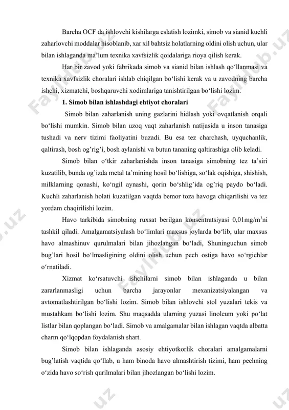 algamalar bilan ishlagan vaqtda albatta charm qoʻlqopdan foydalanish shart. simob bilan ishlaganda asosiy ehtiyotkorlik choralari amalgamalarni bug’latish vaqtida qoʻllab, u ham binoda havo almashtirish tizimi, ham pechning oʻzida havo soʻrish qurilmalari bilan jihozlangan boʻlishi lozim. maxsus idish og’zi mustahkam qilib asbest qoplama bilan mahkamlanadi. xomaki oltinni idishdan chiqarishga faqatgina simobni butunlay haydab boʻlingandan soʻng ruxsat beriladi va retorta idishi sovutiladi. ish vaqti tugagandan soʻng ishchi xodimlar yaxshilab choʻmilishi, og’zini past konsentratsiyali kaliy permanganat eritmasi bilan chayishi va tishlarini yuvishi zarur. 2. sianidlar bilan ishlashdagi ehtiyot choralari sianid bilan zaharlanish sinil kislota zaharli bug’larini hidlash yoki tanaga ovqatlanish yoʻli orqali boʻlishi mumkin. bu holat kesilgan va yaralangan joylarni sianid bilan ta’sirlashishi oqibatida boʻlishi ham mumkin. zaharlanish belgilariga koʻz namlanishi, qichishi, tomoq va havo yoʻllari qichishi, bosh og’rig’i, koʻngil aynishi, qayd qilish, yurakning tez urushi, nafas qisishi kiradi. og’ir holda zaharlanish natijasida ular bilan birga, tildan qolish, koʻz oldi qorong’ulashishi va xushni …