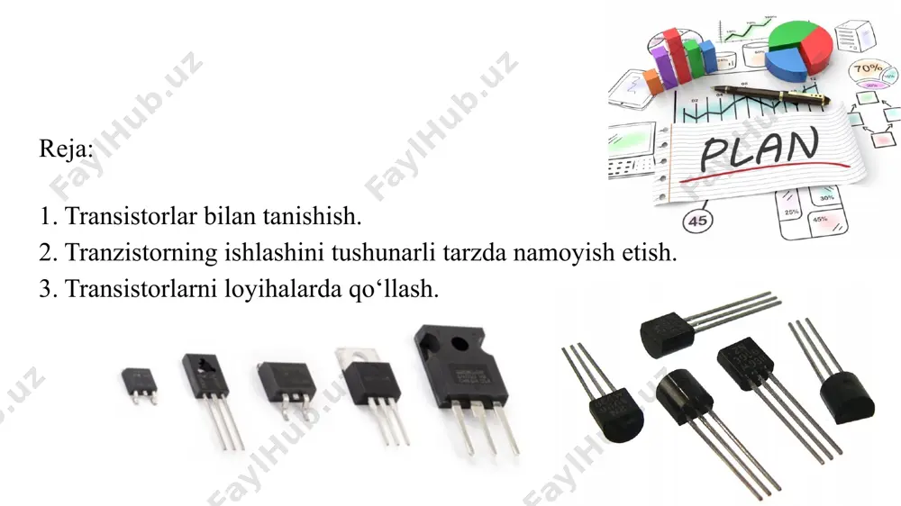 niqsa kremniydan? p va n yarimo‘tkazgichlar kremniyga mishyak qo‘shilsa, juda ko‘p erkin elektronlar kremniyga aylanadi. va bo‘sh elektronlar ko‘p bo‘lgan materiallarni biz allaqachon o‘tkazgich deb ataymiz. shunday qilib, silikon, mishyak bilan doping (aralashtirish) dan so‘ng, yarimo‘tkazgichdan juda yaxshi o‘tkazgichga aylanadi. elektronlar manfiy zaryadga ega va ular yarimo‘tkazgichdagi sahrodagi qum donalariga o‘xshaydi, demak, bunday yarimo‘tkazgich n tipidagi yarimo‘tkazgich deb ataladi. n - ingliz tilidan. negative - manfiy. transistor qanday kuchaytirib beradi? transistorning ishlash tamoyilini tushunish uchun ushbu fotosuratga qaraylik: keling, bu tranzistorning eng oddiy modeli deb hisoblashga rozi bo‘laylik. suv oqimining yo‘nalishi - elektr tokining yo‘nalishi. bizning "tranzistorimiz" npn o‘tkazuvchanligiga ega bo‘lsin, ya'ni shunday bo‘ladi: kran (baza) yordamida biz quvur orqali suv oqimi tezligini kamaytiramiz yoki oshiramiz. bizning holatda, suv sariq trubadan qora trubaga yoki tranzistorga o‘xshab oqadi: kollektordan emitentgacha, chunki emitter o‘qi elektr tokining yo‘nalishini ko‘rsatadi. shunday qilib, bu holatda, kran to‘liq yopiladi, shuning uchun suv oqimi quvurdan o‘tmaydi: shunday …