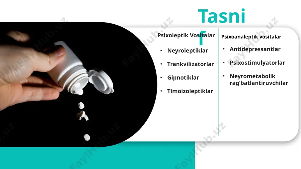 idep(amitriptillin,doksepin,amoksapin) uxlash qiyinlashganda uyquning buzilishi erta uyg’onish psixik buzilishlar kunduzgi uyuqchanlik xotira pasayishi toksik ta’sir 15 yoshgacha bo’lganlar xomiladorlik laktatsiya preparatga yuqori sezuvchanlik gipnotik vositalar uyqu chaqiruvchi dv dori vositalari qarshi ko’rsatma nojo’ya ta’siri ko’rsatma litiy tuzlari(karbonat,glyukonat,sitrat,oksid-butirat) karbazepin unumlari(karbamazepin,oskarbazepin) valproat kislota unumlari(valproate kislota tuzlari, dipropilatsetamid,divalproeks natriy, kalsiy kanal blokatorlari) fazal kechuvchi affektiv buzilishlarida profilaktika maqsadida foydalaniladi diplopiya prepearatdan zaharlanish allergik reaksiyalar buyrak faoliyati buzilishi xomiladorlik(1-uch oylik) laktatsiya preparatga yuqori sezuvchanlik jigar yetishmovchiligi normotomimetiklar (timoizoleptiklar) affektiv soha sirkulyar buzilishlari va depressive, manikal simptomatikaga ta’sir etuvchi dv psixoanaleptik dori vositalari antidepressantlar depressiyaga qarshi dv dori vositalari qarshi ko’rsatma nojo’ya ta’siri ko’rsatma sitolopram fluoksetin fluvoksamin piroksetin sertralin venlafaksin mirtazapin rebraksetin trazodon depressiya vahimali holatlar obsessiv-kompulsiv buzulishlar enurez surunkali og’riq sindromi og’iz qurishi epigastrial sohada nohush sezgilar taxikardiya ko’rishni yomonlashuvi gipotoniya tutqanoqli tortishishlar xushni o’tkir buzlishi jigar yetishmovchiligi buyrak yetishmovchiligi qon aylanish buzilishlari xomiladorlik psixostimulyatortlar psixik faoliyatni faollashtiradigan jidmoniy charchashni bartaraf etadigan dv dori …