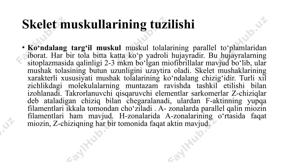 4 kda) f-aktin bilan dimerik tayoqchalar shaklida bog'lanib, yettita aktin birligidan iborat hududlarni birlashtiradi. geterotrimer troponin (78 kda) tropomiozinning bir uchi bilan bog'langan. ro'yxatda keltirilgan oqsillardan tashqari, mushaklarda boshqalar ham mavjud: titin (ma'lum bo'lgan oqsillarning eng kattasi, uning massasi 3000 kda ga etadi), α- va β-aktininlar, desmin va vimentin. mushaklarning qisqarish mexanizmi mushaklarning qisqarish mexanizmini filamentli siljish modeli yordamida tushuntirish mumkin. yupqa va qalin filamentlar bir-biriga nisbatan siljiganida, sarkomerlar qisqaradi; bu jarayon atf gidrolizini talab qiladi. siqilish jarayonida quyidagi reaksiyalar sikli takrorlanadi: 1.dastlabki bosqichda miozin boshlari aktin bilan bog'lanadi. atf bog'langanda, boshlar aktindan ajralib chiqadi (atfning "plastiklashtiruvchi" ta'siri). 2.miozin boshlari atf ning adf va fosfatga gidrolizlanishini katalizlaydi, lekin dastlab ikkala reaksiya mahsuloti bir-biriga yaqin joylashgan. atf parchalanishi bosh kuchlanishining allosterik ta'siriga olib keladi. 3.miozin boshi qo‘shni aktin molekulasi bilan yangi bog‘ hosil qiladi. 4.aktin bilan bog'lanish fosfatning chiqarilishiga yordam beradi va ko'p o'tmay adf chiqariladi. natijada, miozin boshidagi taranglik eshkak …