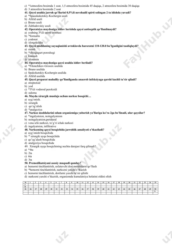dning 3%li eritmasi bilan c) *natriy xloridning 10%li gipertonik eritmasi bilan d) 96%li spirt bilan 32. quyidagi moddalarni qaysi biri biologik antiseptikaga mansub? a) *antibiotiklar, enzimlar, zardoblar b) 96%li etil spirt, sulfanilamidlar c) og’ir metall tuzlar d) fenollar, aldegidlar, enzimlar 33. avtoklavda 1 atmosfera bosimi ostida necha daqiqa sterillashni davom ettiriladi a) 45 b) 30 c) 90 d) *60 34. operasion oqliklar qanday usulda sterillanadi? a) issiqlik shkaflarida b) *avtoklavlarda c) qaynatib d) sovuq usulda 35. aseptika tadbirini ko'rsating. a) *asboblarni sterillash b) jarohatni antiseptik moddalar bilan yuvish c) jarohatdan yot jismlarni olib tashlash d) jarohatni drenejlash 36. qaysi chok materiallari so’rilib ketish xususiyatiga ega? a) ipak b) *ketgut c) soch tolasi d) kapron 37. antiseptika tadbirini ko'rsating. a) operatsiya maydonini tuklardan tozalash b) bog'lov materiallarini sterillash c) asboblarni sterillash d) *jarohatni antiseptik moddalar bilan yuvish 38. qaysi antiseptik modda jarohatga va yiringli bo’shliqlarni yiring va o’lik to’qimadan tez tozalaydi? …