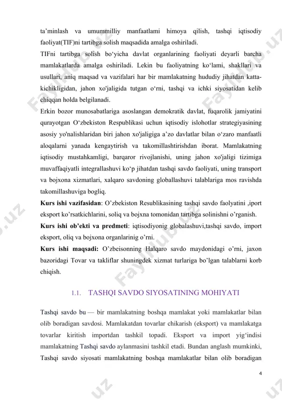 akterga ega bo'lishi mumkin. 1.2. import va export qiluvchi taskilotlarning soliq va bojhona oldidagi majburiyatlari o'zbekiston respublikasi iqtisodiyotining barqaror rivojlanishini ta’minlash, tashqi savdoni davlat tomonidan tartibga solish, ichki ishlab chiqaruvchilarni rag'batlantirish va ular uchun qulay tadbirkorlik muhitini yaratishda soliq va bojxona xizmati muhim ahamiyat kasb etadi. tashqi lqtisodiy faoliyatda soliq va bojxona sivosatini to'g'ri amalga oshirish tashqi iqtisodiy faoliyat subyektlarini qollab-quvvatlash, import o'rnini bosuvchi tovarlar ishlab chiqaruvchi korxonalarni rag'batlantirish, qulay investitsiya muhitini yaratish, eksport tovarlarini jahon bozorlaridagi raqobatbardoshlik darajasini oshirish mamlakatimiz iqtisodiyotining jahon xo'jaligi tizimiga samarali integratsiyalashuvini ta’minlash bilan birga, davlat budjeti daromadlar qismini boyitishga hamda iqtisodiy xavfsizhkm ta'minlashga imkoniyat yaratadi. bu borada mamlakatimiz prezidenti o'z nutqlarida o'ta muhim narsalalar qatorida litsenziya va ruxsat berish tartib-tamoyillarini elektron shaklda taqdim etish, kommunal xizmatlar, shuningdek, soliq solish va bojxona rasmiylashtiruvi bo'yicha xizmatlarni interfaol shaklda ko'rsatishga o’tishni tezroq amalga oshirish zarurligi va elektron tijoratni rivojlantirishni jadallashtirish muhim ahamiyatga ega ekanligini ko'rsatib o'tganlar. o'zbekiston …