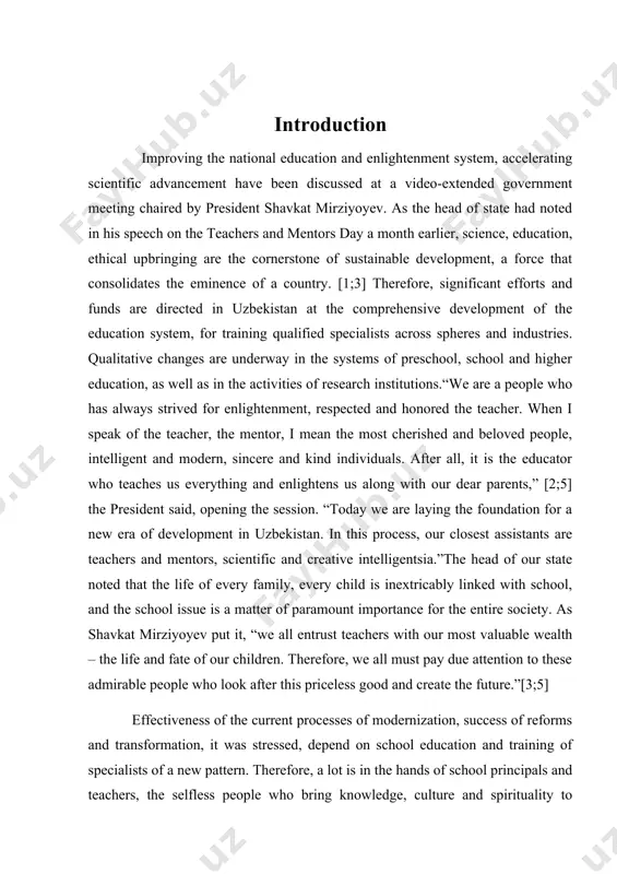 it, “we all entrust teachers with our most valuable wealth – the life and fate of our children. therefore, we all must pay due attention to these admirable people who look after this priceless good and create the future.”[3;5] effectiveness of the current processes of modernization, success of reforms and transformation, it was stressed, depend on school education and training of specialists of a new pattern. therefore, a lot is in the hands of school principals and teachers, the selfless people who bring knowledge, culture and spirituality to villages and cities. the school should be not merely an educational institution, but also a cultural and intellectual center of the mahalla. as you may know, a draft presidential decree has been developed in order to rationalize the education and upbringing system of the country, to accelerate the development of science.[4;6] “if we fail to change the learning methodology in schools, neither …
