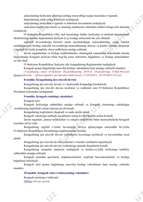 zimlariga tavsiya etiladigan nomzodlar bo‘yicha o‘zbekiston respublikasi prezidentiga takliflar kiritadi; viloyatlar va toshkent shahar sudlarining raislari va rais o‘rinbosarlari, o‘zbekiston respublikasi harbiy sudining raisi lavozimlariga tavsiya etiladigan nomzodlar bo‘yicha o‘zbekiston respublikasi prezidentiga taqdimnomalar kiritadi; viloyatlar va toshkent shahar sudlarining sudyalarini, tumanlararo, tuman, shahar sudlarining, harbiy sudlarning raislarini va sudyalarini lavozimga tayinlaydi; qoraqalpog‘iston respublikasi sudlarining sudyalik lavozimlariga tavsiya etiladigan nomzodlar bo‘yicha qoraqalpog‘iston respublikasi jo‘qorg‘i kengesiga qonunga muvofiq xulosalar (taqdimnomalar) kiritadi; sudyalar oliy malaka hay’atining tavsiyasiga ko‘ra sudyalarni ularning vakolatlari muddati davrida o‘z arizalariga asosan viloyatlar va toshkent shahar sudlarining sudyalari, tumanlararo, tuman, shahar sudlarining, harbiy sudlarning raislari va sudyalari lavozimlariga qaytadan tayinlaydi; sudyalar oliy malaka hay’atining tavsiyasiga ko‘ra sudyalarni o‘z arizalariga asosan qoraqalpog‘iston respublikasi sudlarining sudyalari, qoraqalpog‘iston respublikasi tumanlararo, tuman, shahar sudlarining raislari va sudyalari lavozimlariga qaytadan tayinlash uchun qoraqalpog‘iston respublikasi jo‘qorg‘i kengesiga taqdimnomalar kiritadi; o‘zbekiston respublikasi oliy sudining sudyasi lavozimida bo‘lishning eng yuqori yoshini sudyaning roziligi bilan besh yilgacha uzaytirish …