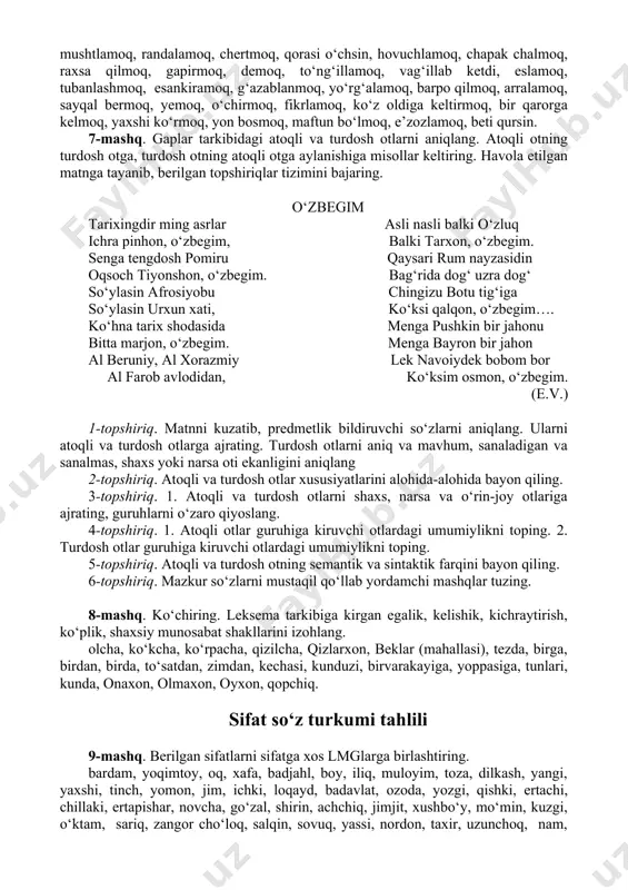 irodalidir. (bendjamin franklin) 2. ortiqcha ovqatlanishdan o‘zni tiyish – organizm uchun buyuk tozalanish. ammo bu - kasallikka qarshi malham emas. (pol s bregg) 3. ochko‘zlik zaharlanishga olib keladi. har bir yangi zaharlanish umrni qisqartirish sari qo‘yilgan yangi bir qadamdir. (pol s bregg) 4. o‘zingizni ortiqcha ovqatlanish bilan zaharlamang. bu sizni muddatidan oldin qabrga yetaklaydi. (pol s bregg) 5. hayot – bu ovqatlanish fojiasidir. (arnold ernest) 6. inson sanchqi va qoshiq bilan o‘ziga qabr qaziydi. (pol s bregg) 7. oldiga qo‘yganni yemoq hayvonning ishi 8. og‘ziga kelganni demoq nodonning ishi. (navoiy) 1-topshiriq. gaplarni o‘qing. harakat bildiruvchi so‘zlarni ajrating. 2-topshiriq. qayd qilingan so‘zlarni mustaqil holda harakat bildiradigan, nisbatlanadigan, tuslanish paradigmasiga ega bo‘la oladigan va mustaqil harakat bildirmaydigan, tuslanish paradigmasiga ega bo‘la olmaydigan guruhlarga ajratib alohida-alohida izohlang. 3-topshiriq. mustaqil va nomustaqil fe‘llardagi umumiylik va farqlarni aniqlang. 4-topshiriq. mustaqil harakat bildirmaydigan, tuslanish paradigmasiga ega bo‘lmaydigan fe‘llarni vazifasiga ko‘ra tasniflang. 5-topshiriq. mavzu yuzasidan testlar tuzing. …