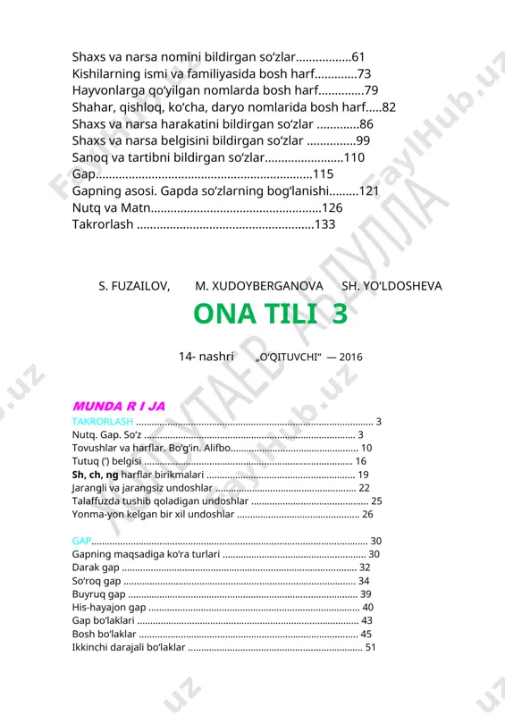 ................................................................. 16 sh, ch, ng harflar birikmalari ......................................................... 19 jarangli va jarangsiz undoshlar ...................................................... 22 talaffuzda tushib qoladigan undoshlar ............................................. 25 yonma-yon kelgan bir xil undoshlar ............................................... 26 gap.......................................................................................................... 30 gapning maqsadiga ko‘ra turlari ....................................................... 30 darak gap .......................................................................................... 32 so‘roq gap ......................................................................................... 34 buyruq gap ........................................................................................ 39 his-hayajon gap ................................................................................. 40 gap bo‘laklari ..................................................................................... 43 bosh bo‘laklar .................................................................................... 45 ikkinchi darajali bo‘laklar ................................................................... 51 gapda so‘zlarning bog‘lanishi ............................................................ 54 so‘z tarkibi ......................................................................................... 58 asos va asosdosh so‘zlar ................................................................ 58 so‘z yasovchi qo‘shimchalar ............................................................. 63 so‘zlarni o‘zaro bog‘lovchi qo‘shimchalar ......................................... 67 so‘z turkumlari ................................................................................ 73 ot ..............................................................................