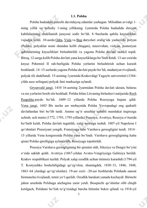 sqinchi qoʻshinlar olib chiqib ketilgach, polshani boʻlish toʻgʻrisidagi barcha bitimlar bekor qilindi va 1918-yil noyabrda polsha respublikasi mustaqilligi eʼlon qilindi. 1920-yil aprelda sovet-polsha urushi boshlandi. 1921-yil shartnomasiga binoan, gʻarbiy ukraina bilan gʻarbiy belarus polshagaoʻtdi va 1939-yilda bu yerlar yana sssrga kay-tarib olindi[footnoteref:3]. [3: ahmedov b. lotin amerikasi. t.o’z dav nashr. 1963.] 1.2. rossiya imperiyasining tarkibi. rossiya imperiyasining hududiy tarkibi rossiya imperiyasi tarkibida. 19 -asrning oxiriga kelib, rossiya imperiyasi hududi 22,4 mln km 2 edi. 1897 yildagi aholini ro'yxatga olish ma'lumotlariga ko'ra, aholi soni 128,2 million, shu jumladan evropadagi rossiyaning aholisi - 93,4 million; polsha qirolligi - 9,5 million - 2,6 million, kavkaz viloyati - 9,3 million, sibir - 5,8 million, markaziy osiyo - 7,7 million. 100 dan ortiq xalqlar yashagan; aholining 57% rus bo'lmagan xalqlar edi. rossiya imperiyasi hududi 1914 yilda 81 viloyat va 20 viloyatga bo'lingan; 931 ta shahar bor edi. ba'zi viloyatlar va viloyatlar umumiy gubernatorliklarga birlashtirildi (varshava, …