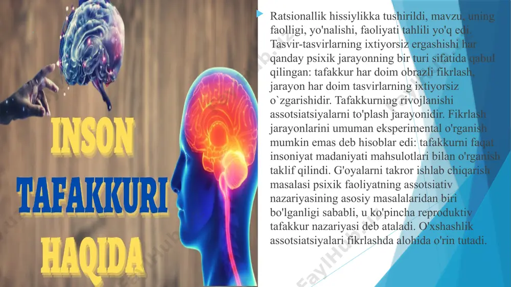 a mos kelmasa, qidiruv, yo'naltiruvchi reaktsiyalar amalga oshiriladi. xulq-atvor tuzilishi haqidagi tushunchalarini konkretlashtirib, mualliflar “tasvir” va “reja” tushunchalarini kiritadilar. . "tasvir" - bu bilim, o'tmishdagi tajriba vositachilik xatti-harakati (va shunchaki "sezgi vakillik" emas). "reja" ma'lum bir natijaga qanday erishish mumkinligini ko'rsatadigan ko'rsatkich yoki to'liqroq aytganda, "organizmdagi har qanday ierarxik jarayon bo'lib, u har qanday operatsiyalar ketma-ketligini bajarish kerak bo'lgan tartibni nazorat qila oladi". rejalar har qanday ruhiy jarayonlarda ifodalanadi. ruhiy muammolarni hal qilishda ikki turdagi rejalar amalga oshiriladi: a) tizimli reja - batafsil qidiruv amalga oshiriladi, unda barcha ob'ektlar sinovdan o'tkaziladi, b) evristik reja - qisqartirilgan qidiruv amalga oshiriladi, unda faqat bir qismi amalga oshiriladi. ob'ektlar yoki ularning xususiyatlari sinovdan o'tkaziladi. e’tiboringiz uchun rahmat!!! image1.png image2.png image3.png image4.png image5.png image6.png image7.png image8.png image9.png image10.png /docprops/thumbnail.jpeg