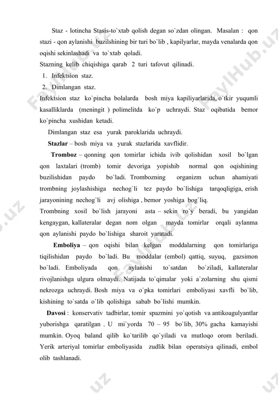 eperimiya – to`qimalarda qonning ortiqcha to`planishi ishemiya – to`qimalarning qonsizlanishi – kamqonlik staz – to`xtash tromboz – qonning qon – tomirlar ichida ivib qolishidan xosil bo`lgan laxtalar qon devoriga yopishib qolishi. emboliya – qon oqishi bilan kelgan moddalarning qon tomirlariga tiqilib qolishi. a d a b i y o t l a r 1. n., x., abdullayev, x., e., karimov «pato-fiziologiya»t. : 2000 y. 2. sh.i. rasulov «pato-fiziologiya » metodik qo`llanma., t. : 1998 y. 3. lobashev m.e. i dr. genetika s osnovami seleksii. m.,»prosveshenie». 1970. 4. maksudov z.m. umumiy genetika. toshkent. «ukituvchi», 1981. 5. xamidov jx. va boshk. tibbiy biologiya va irsiyatdan kullanma. toshkent. «ibn sino». 1992. 6. shensov yu.s. obshaya sitologiya. mgu. 1978. 7. alberts b. molekulyarnaya biologiya kletki. moskva. 1987 8. www.ziyonet.uz