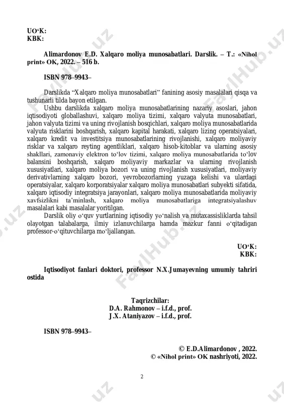 . isbn 978–9943– © e.d.alimardonov , 2022. © «nihol print» ok nashriyoti, 2022. 3 kirish bugungi kunda jahon bozori kon‘yunkturasi keskin o‗zgarib, globallashuv sharoitida raqobat tobora kuchayib borayotgani milliy iqtisodiyotni yanada barqaror va jadal sur‘atlar bilan rivojlantirishni taqozo etmoqda. mamlakatimizda ijtimoiy-iqtisodiy islohotlarni izchil amalga oshirish, milliy iqtisodiyotni yangi davr darajasiga ko‗tarish, eksportga yo‗naltirilgan ishlab chiqarish tarmoqlarini vujudga keltirish va jahon iqtisodiyoti integratsiyasiga jadal kirib borish xalqaro moliya munosabatlarini barqaror rivojlantirishni taqozo etadi. hozirgi vaqtda mamlakatimiz ijtimoiy-iqtisodiy taraqqiyoti iqtisodiyotni modernizatsiyalash, ishlab chiqarishda tarkibiy o‗zgarishlarni amalga oshirish, iqtisodiyot tarmoqlarida zamonaviy texnika- texnologiyalarni joriy qilish va shu asosda raqobatbardoshlikka erishish, jahon bozorlaridan mustahkam o‗rin egallash, mamlakatimizning eksport salohiyatini oshirish kabi vazifalarni amalga oshirish bilan bevosita bog‗liq. mazkur masalalarni ijobiy hal qilishda mamlakatning xalqaro moliya munosabatlaridagi ishtiroki muhim o‗rin tutadi. ―xalqaro moliya munosabatlari‖ fani ixtisoslik fanlaridan biri bo‗lib, iqtisodiy yo‗nalish va mutaxassisliklar bo‗yicha ta‘lim olayotgan talabalarga mo‗ljallangan. mazkur darslik oliy ta‘limning magistratura bosqichida o‗qitiladigan …