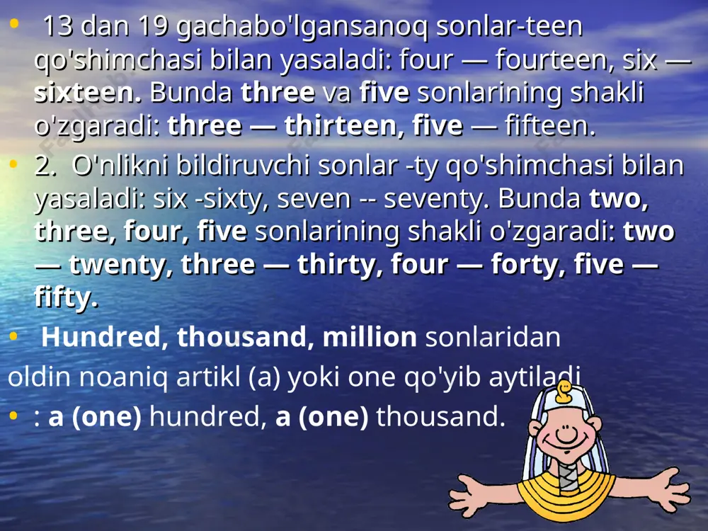 sh (sonlarning og’zaki nutqda qo’llanilishi) he is twice as clever as me he is three times as inteligent as me i am four times as young as him i am five times as rich as them to’rt marotaba ikki marotaba besh marotaba uch marotaba conclusion (xulosa) ushbu ilmiy ishda bugungi kunda yozma hamda og’zaki nutqda muamo bo’lib turgan son haqida va ularning chigal tomonlarini ko’rsatdim. mavzuning ilmiy jihati shundakiunga tegishli bo’lgan sanoq sonlar, tartib sonlar undan tashqari kasr sonlarning ishlatilish va o’rganilish borasidagi tushunmovchiliklarga aniqlik berish va ularni bartaraf etish. mavzuning eng qiziqarli tomoni shundaki telefon raqamlarining o’qilishi, xronologik sanalarning ishlatilishi hisoblanadi; tel; 5 00 22 yil; 1988 year og’zaki va yozma nutqda gramatik adabiyotlardan farqli ekanligini ko’rsatib berdim. bu borada tilshunoslarning qarashlari ularning fikrlarini kiritib o’tdim. ayniqsa ingliz hamda o’zbek tillarida bularning farqli tomonlarini taqdim etdim. the list of books (foydalinilgan adabiyotlar) good bye !!! english in topics and …