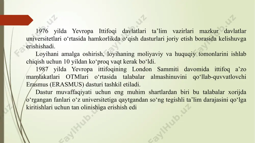 a’lim shakli uchun 5 yildan 10 yilgacha davom etishi mumkin. to‘plangan kreditlar barcha o‘qish davri davomida saqlanadi kursdan kursga o‘tish uchun, gpa (ta’lim oluvchining dastur bo‘yicha o‘zlashtirgan ballari o‘rtacha qiymati) 2.6 va undan yuqori bo‘lishi kerak o‘zlashtira olmagan talabalar o‘qishdan chetlashtirilmaydi, ya’ni bir yoki bir nachta fanni o‘zlashtira olmagan, lekin gpa qiymati 2.6 va undan yuqori bo‘lsa, talaba o‘zlashtirmagan fani bilan navbatdagi kursga o‘tadi va keying kurslar davomida o‘sha fanni o‘zlashtirishi hamda kerakli kreditni to‘plashi lozim bo‘ladi, aks holda u diplom olishdan mahrum bo‘ladi. gpa qiymati 2.6 dan past bo‘lganda talaba kursdan qoldiriladi. har bir fandan 3 yoki undan yuqori baho olgan talaba fanni muvaffaqiyatli o‘zlashtirgan deb hisoblanadi va fanga ajratilgan barcha kreditlarni oladi. diplom olishning asosiy sharti: to‘liq o‘qish davri uchun 240 kredit to‘plash. k1*u1+k2*u2+k3*u3….kn*un k1+k2+k3……+kn gpa ni hisoblash tartibi k - fanga ajratilgan sinov birliklari miqdori gpa= u – fan bo‘yicha to‘plangan ball (baho) !!!! gpa si 2,6 …