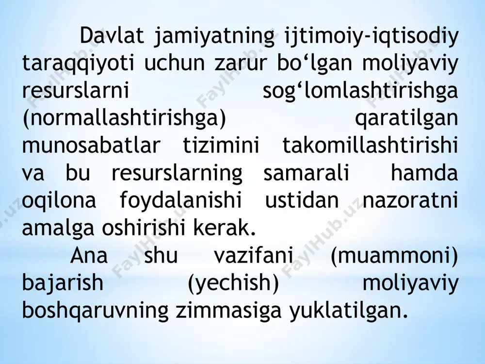 soblanadi. u mamlakat miqyosida yagona moliyaviy, byudjet, soliq va valyuta siyosatining amalga oshirilishini ta’minlaydi. moliya vazirligining asosiy vazifalari quyidagilardan iborat: -yagona davlat moliya siyosatini ishlab chiqish va uni amalga oshirish; -davlat byudjetining loyihasini tuzish va uning ijrosini ta’minlash; -byudjet mablag‘lari va maqsadli fondlar mablag‘larining oqilona va maqsadli ishlatilishi ustidan moliyaviy nazoratni amalga oshirish; -davlat moliyasining barqarorligini ta’minlash va moliyaviy bozorni rivojlantirishga oid chora - tadbirlarni ko‘rish; -mamlakatning byudjet tizimini takomillashtirish, bu borada tegishli takliflarni ishlab chiqish va ularni hayotga tatbiq etish choralarini ko‘rish; -mamlakat ijtimoiy - iqtisodiy taraqqiyotining ustuvor yo‘nalishlariga moliyaviy resurslarni konsentratsiya qilish (to‘plash); -davlat byudjeti va jamlanma (konsolidatsiyalashtirilgan) byudjetning ijrosi haqida hisobotni tayyorlash; -davlat tomonidan qarzlarni olish dasturini ishlab chiqish va davlatning ichki va tashqi qarzlarini boshqarish; - uzoq, o‘rta va qisqa muddatli istiqbolga mo‘ljallangan mamlakat taraqqiyotining ijtimoiy-iqtisodiy bashoratlarini ishlab chiqishga ishtirok etish; -iqtisodiyotni moliyaviy sog‘lomlashtirish va uni tarkibiy jihatdan qayta qurish, mamlakatdagi tovar ishlab chiqaruvchilar, ishlar va …