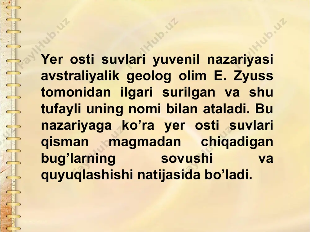 ming kvadrat kilometrga boradi. artezian suvlari va artezian havzasi atamalari fransiyadagi artuz viloyatining nomidan kelib chiqqan. bu viloyatnign qadimiy nomi artezian bo’lgan. shu yerda 1126-yilda kavlangan quduqdan suv katta bosim bilan otilib chiqqan. shundan buyon yer ostidan bosim kuchi bilan otilib chiqadigan va suv olish uchun kavlanga quduqlar artezian quduqlari deb atala boshlagan. o’rta osiyo va unga tutash hududlarda n. n. kenesarin va a. n. sultanho’jayevlar bir nechta artezian havzalari borligini aniqlashgan. masalan, sirdaryo artezian havzasi : bu havza o’z navbatida yana bir qancha mayda havzalarga, farg’ona, toshkent, chimkent, qizilqum, orol atrofi kabi havzalarga bo’linadi. yer osti suvlari tarkibida erigan tuzlar miqdoriga qarab uch guruhga bo’linadi : chuchuk suvlar (1-litrida 1 grammgacha erigan tuzlar); sho’r suvlar (1-litrida 1 g dan 50 g gacha erigan tuzlar); o’ta sho’r suvlar (1-litrida 50 g dan ko’p erigan tuzlar); ko’pgina yer osti suvlarining tarkibida inson sog’lig’i uchun foydali ba’zi tuzlar, gazlar va organic birikmalar …