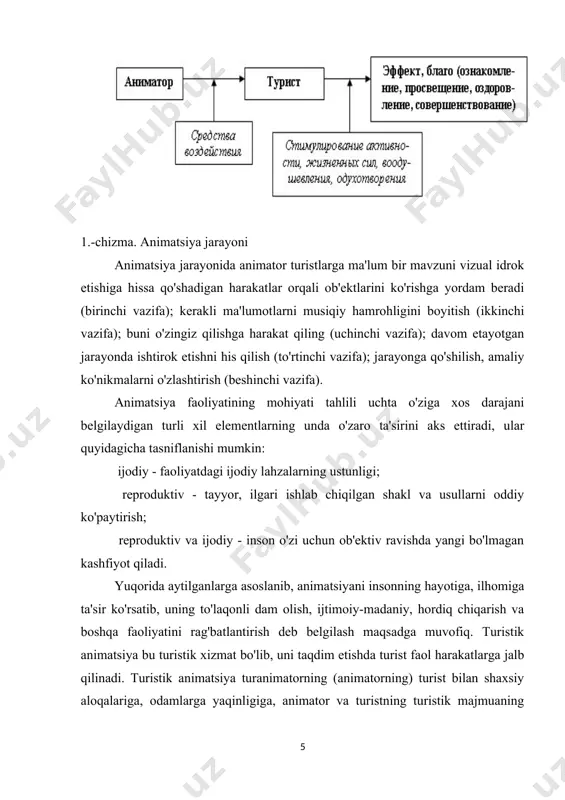 amlar va marosimlar kabi shakllar, ya'ni ijtimoiy yoki etnik jamiyatning barcha a'zolari uchun teng darajada muhim bo'lgan ijtimoiy jamiyatni mustahkamlashga yordam beradigan hordiq chiqarish imkoniyatlari haqida asta-sekin o'rganish. shu sababli, jamiyat bayramlar, marosimlar, marosimlar, muloqotning ommaviy shakllari, o'yin-kulgi va dam olishni saqlash va rivojlantirishdan manfaatdor. 1.3 turistik xizmatlarning sifati doimiy ravishda yaxshilanishi sharti bilan turistik rivojlanishning barqaror yo'nalishlarini yaratish mumkin. hozirgi kunda dunyo bo'ylab sayyohlarning ehtiyojlari va qiziqishlari doimiy ravishda o'zgarib, o'sib bormoqda, dam olish tarkibi murakkablashmoqda. nisbatan yangi, hech bo'lmaganda, ko'pgina tajribasiz ruslar uchun "sayyohlik animatsiyasi" tushunchasi sifatida qaralishi mumkin. dam olishning bu shakli sayyohlar orasida eng ommabop narsaga aylanmoqda va bozor o'zgarishlarga javob bera oladi. turistik animatsiya o'ziga xos turizm mahsuloti va turizm dasturlarining zaruriy elementiga aylandi. turizm entsiklopediyasida dam olish deganda quyidagicha tushuniladi: “1) inson kuchlarining kengaytirilgan ko'payishi (jismoniy, intellektual va hissiy); 2) jismoniy va ruhiy quvvatni tiklash uchun ishlatiladigan har qanday o'yin, o'yin-kulgi va hk; 3) …