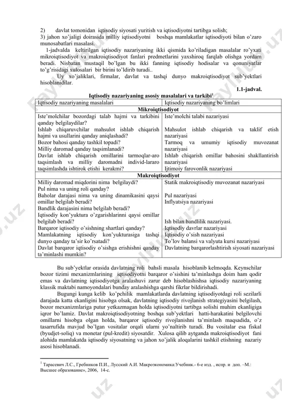 sodiyot; b) normativ makroiqtisoiyot. pozitiv makroiqtisodiyot real iqtisodiy hodisalarni va ularning aloqador-liklarini o’rganadi. normativ makroiqtisodiyot esa qaysi sharoitlar yoki jihatlar maqbul yoki no- maqbul ekanligini belgilaydi, harakatning aniq yo’nalishlarini taklif etadi. shu joyda iqtisodiy nazariyaning ikki mustaqil bo’limi sifatida makroiqtisodiyot va mikroiqtisodiyot fanlarining predmetlarini o’zaro farqlab olishimiz zarur. mikroiqtisodiyot predmeti bo’lib “belgilangangan” iqtisodiy shart-sharoitlarda uy xo’jaliklari va firmalar darajasida iqtisodiy qaror qabul qilish mexanizmi hisoblanadi. mikroiqtisodiy tahlil ob’yekti bo’lib alohida tovarlar bozorlari, resurslar bozorlari, ulardagi talab va taklif hisoblansa makroiqtisodiyotda milliy iqtisodiyot darajasida mehnat, pul, tovarlar va xizmatlar bozorlarining o’zaro munosabatlari va o’zaro ta’sirini tahlil qilinadi.. mikroiqtisodiyotda “belgilangan” deb qabul qilingan, ya’ni mikroiqtisodiy tadqiqot predmeti hisoblanmaydigan ko’pgina ko’rsatkichlar, jumladan iste’molchilarning daromadlari, jamg’armalari, foiz stavkasining dinamikasini va buni belgilovchi omillarni makroitisodiyot tadqiq qiladi. makroiqtisodiyot yalpi ishlab chiqarishining barqaror o’sishini, resurslarning to’liq bandliligini, inflyatsiyaning past sur’atlarini va to’lov balansining muvozanatini ta’minlash nuqtai nazaridan mamlakat iqtisodiyotini bir butun holda tadqiq qiladi va uni …