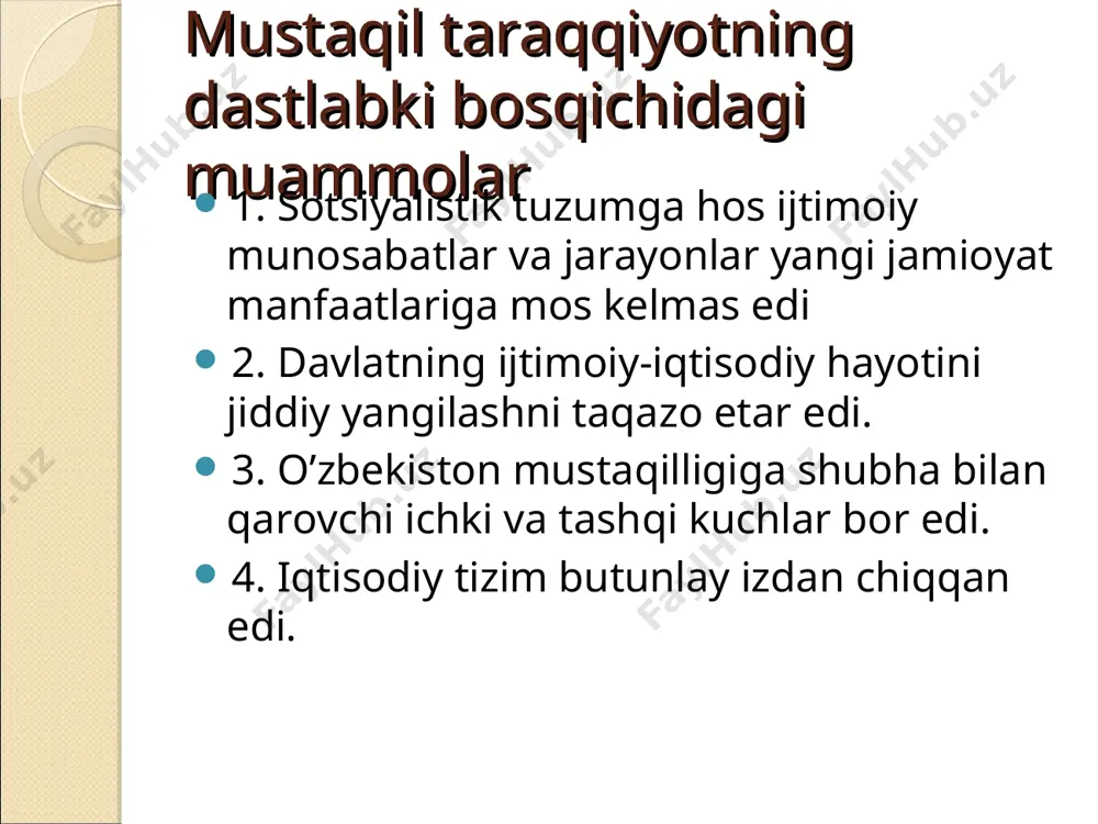 yo’li» (1992) «o’zbekiston -bozor iqtisodiyotiga o’tishning o’ziga xos yo’li» (1993) «o’zbekiston iqtisodiy islohotlarni chuqurlashtirish yo’lida» (1995) «o’zbekiston xxi asr bo’sag'asida: xavfsizlikka taxdid, barqarorlik shartlari va taraqqiyot afolatlari» (1997) «o’zbekiston xxi asrga intilmoqda» (1999) va boshqalar. konstitustiyaning nima? konstitustiya (lot. constitution – tuzilish, tuzuk) – davlatning asosiy qonuni. u davlat tuzilishini, hokimiyat va boshqaruv organlari tizimini, ularning vakolati hamda shakllantirilish tartibi, saylov tizimi, fuqarolarning huquq va erkinliklari, shuningdek, sud tizimini belgilab beradi. konstitustiya – davlatchilik belgisidir. bir-biridan farqlanuvchi yuridik va haqiqiy (faktik) konstitutsiya tushunchalari bor. yuridik konstitutsiya ijtimoiy munosabatlar doirasini tartibga soluvchi ma’lum huquqiy normalar tizimidir. haqiqiy konstitutsiya esa – shunday munosabatlarning o‘zi, ya’ni real mavjud munosabatlardir. konstitustiya atamasi qadimgi rimdayoq bor edi (imperator konstitutsiyasi deb atalgan qonun). amir temur “tuzuklar”i sharq va osiyo mamlakatlari sivilizatsiyasiga xos alohida shakldagi konstitutsiyaviy hujjat xususiyatiga ega bo‘lgan. u shariat qonunlari bilan bir qatorda markaziy osiyo mintaqasi xalqlari taqdiriga kuchli ta’sir o‘tkazgan. o‘zbekiston respublikasi konstitutsiyasi …