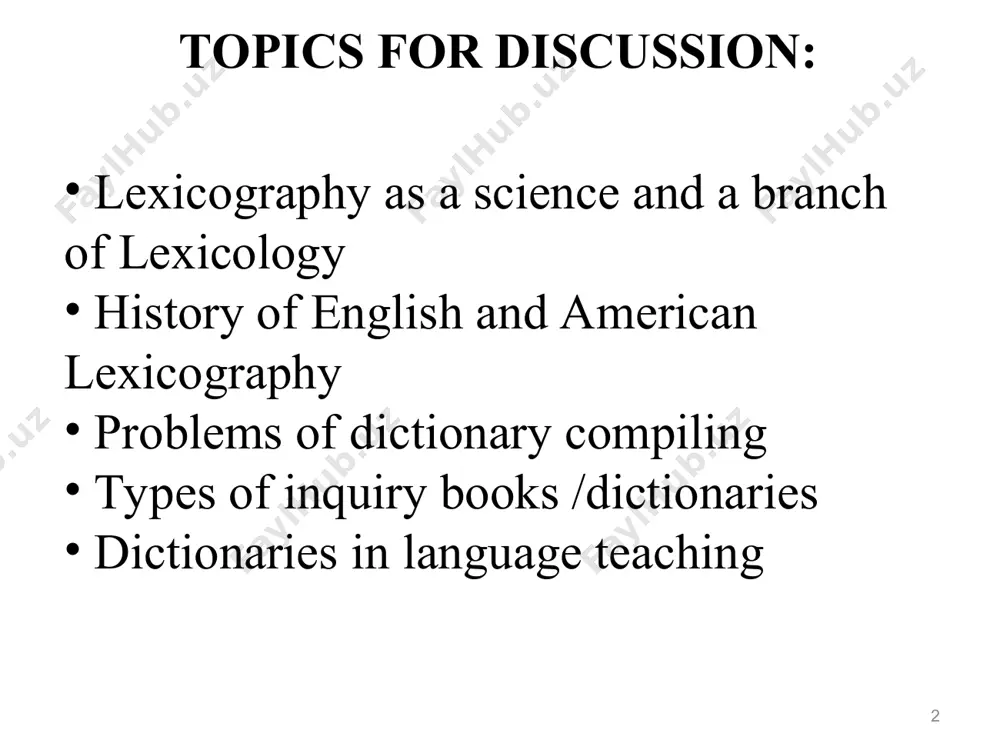 the semantic, syntagmatic and paradigmatic relationships within the lexicon (vocabulary) of a language; developing theories of dictionary components and structuring the data in dictionaries, surveying the needs for information by users in specific types of situations, and how best incorporate data in printed and electronic dictionaries. this is referred to as 'metalexicography'. in uzbek the subject is called “lug’atshunoslik” history of english lexicography * cawdray english dictionary of so-called “hard words” was published in 1604; in 1721, the universal etymological dictionary was published by nathaniel bailey; in 1755 samuel johnson’s oxford new dictionary on historical principles was published, in 123 volumes; in 1811 a concise oxford dictionary appeared; the completion of the oxford english dictionary in 1928 , 173 years after its first edition. samuel johnson * samuel johnson (18 september 1709 – 13 december 1784), often referred to as dr. johnson, was an english writer born in lichfield, england. …