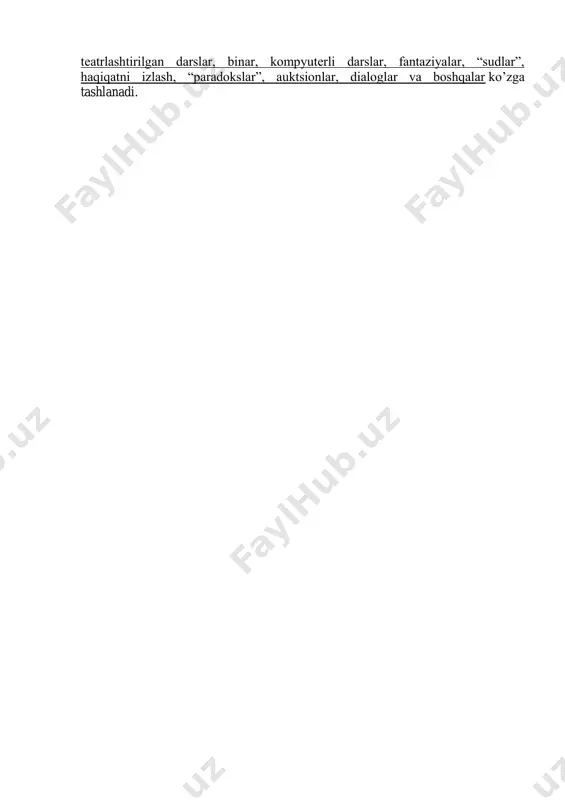 larga javob bera olishi lozim:  fanning ilg’or yutuqlari, pedagogik texnologiyalardan foydalanish, darsni o’quv-tarbiyaviy jarayon qonuniyatlari asosida tashkil etish;  darsda barcha didaktik tamoyil va qoidalarning optimal nisbatlarini ta’minlash;  o’quvchilarning qiziqishlari, layoqati va talablarini hisobga olish asosida ular tomonidan bilimlarning puxta o’zlashtirilishi uchun zarur sharoitlarni yaratish;  o’quvchilar anglab yetadigan fanlararo bog’liqliklarni o’rnatish;  ilgari o’rganilgan bilim va malakalari, shuningdek, o’quvchilarning rivojlanish darajasiga tayanish;  shaxsning har tomonlama rivojlantirishni motivatsiyalash va faollashtirish;  o’quv-tarbiyaviy faoliyat barcha bosqichlarining mantiqiyligi va emotsionalligi;  pedagogik vositalardan samarali foydalanish; https://hozir.org/3-glossariya.html  zarur bilim, ko’nikma va malakalar, fikrlash va faoliyat ratsional usullarini shakllantirish;  mavjud bilimlarni doimo boyitib borish ehtiyojini yuzaga keltirish;  har bir darsni puxta loyihalashtirish, rejalashtirish, tashhis va taxmin qilish. har bir dars quyidagi uchta asosiy maqsadga erishishga yo’naltiriladi: o’qitish, tarbiyalash, rivojlantirish. ana shularni hisobga olib darsga umumiy talablar didaktik, tarbiyaviy va rivojlantiruvchi talablarda aniq ifodalanadi. didaktik (yoki ta’lim)iy talablarga har …