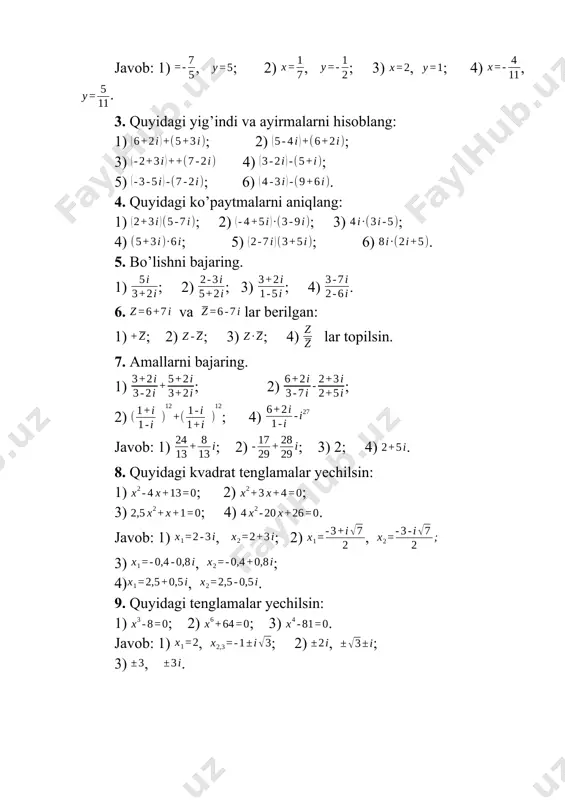 svirlaymiz (4-chizma). berilgan kompleks sonning argumenti ga teng. demak, . 6. va kompleks sonlar berilgan. ; ; ; , lar topilsin. yechish: 1) . demak, 2) 3) 4) bo’lib, da da da . mustaqil yechish uchun topshiriqlar: 1. kompleks sonlarni geometrik shaklda tasvirlang. 2. quyidagi kompleks sonlarni trigonometrik shaklda yozilsin: 1) javob: 1) 3) 4) 5) 6) . 3. ko’paytma topilsin. 1) , ; 2) , ; 3) , . 4. topilsin. 1) , ; 2) , 1) agar bo’lsa, topilsin. 2) agar bo’lsa, topilsin. 3) agar bo’lsa, topilsin. 5. quyidagilarni hisoblang. 1) ; 2) bo’lsa, topilsin. 3) bo’lsa, topilsin. 4) topilsin. 5) topilsin. image1.png image2.png image3.png image4.png