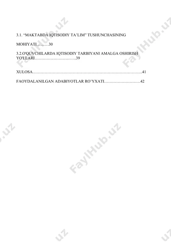 kuchayib borayotgan barchamizni yanada xushyor va ogoh bo‘lishga da’vat etishi tabiiydir. hozirgi kunda bolalarni ilmiy dunyoqarashini halqimizning milliy qadryatlar asosida shakllantirish jamiyat oldida turgan vazifalardan hisoblanadi. dunyoqarashning shakllanishida jamiyatda ustuvor o'rin tutgan mafkuraviy g'oyalar va ularning mohiyatidan to'laqonli xabardor bo'lish o'ziga xos ahamiyatga ega. shu bois ta'lim muassasalarida yo'lga qo'yilayotgan ta'lim tarbiya, xususan, ijtimoiy-gumanitar va tabiiy fanlar asoslari mohiyati bilan o'quvchilarni tanishtirish jarayonida o'zbekiston respublikasining ijtimoiy hayotida bosh mezon sifatida e’tirof etilgan milliy istiqlol g'oyasi va mafkura mazmunida ilgari surilgan qarashlar xususida batafsil ma'lumotlar berib borish, ularga nisbatan o'quvchilarda muayyan munosabalar shakllantirish pedagogik jihatdan samarali yo'l hisoblanadi. i-bob oilada tejamkorlik tarbiyasini singdirib borish 1.1. oilada bola tarbiyasining o‘rni bu mavzuni o‘rganishdan maqsad o‘quvchilarga shaxsning kamol topishida oilaning yetakchi ta’sirini oila tarbiyasining o‘ziga xos milliy xususiyatlari hamda tipik kamchiliklarini, bu kamchiliklarni bartaraf etish yo‘llarini, tarbiya samaradorligining oshirish omillarini tushuntirish, oila tarbiyasi, oiladagi tarbiya imkoniyati va pedagogik madaniyat haqida tushunchalar berish. o‘qituvchi …