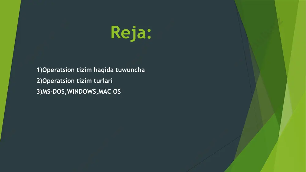 umlarga ajratish mumkin. kompyuterlar uchun operatsion tizimlar mobil qurilmalar uchun operatsion tizimlar robotlar, bankomatlar va boshqa qurilmalar uchun operatsion tizimlar operatsion tizim turlari ms-dos от; windows от; mac от; linux от; unix от; ios от; android от; windows operatsion tizimi windows operatsion (amaliy) tizimi - maykrosoft korporatsiyasi tomonidan shaxsiy kompьyuterlar uchun taklif qilingan operatsion tizimlar oilasidir. windows tizimi koʼpmasalali va koʼpoqimli boʼlib, qulay grafik interfeys bilan tavsiflanadi, virtual xotiraning boshqaruvini taqdim qiladi va koʼpgina tashqi qurilmalarni qoʼllab-quvvatlaydi. windows operayion tizimini ishlatib, foydalanuvchi birdaniga bir necha amaliy jarayonlar bilan samarali ishlash imkoniyatiga ega boʼladi. hozirgi kunga kelib, dunyoda 90% ga yaqin kompьyuterlar windows operatsion tizimi boshqaruvida ishlaydi. ms-dos operatsion tizimi ms-dos operatsion (amaliy) tizimi - maykrosoft korporatsiyasi tomonidan taklif qilingan operatsion tizim. msdos ning birinchi rusumi 1981 yilda paydo boʼlgan. аvvalambor, maykrosoft kompaniyasi tomonidan ibm kompyuterlari uchun ishlab chiqarilgan ms-dos, ibm - uygʼun kompьyuterlar uchun standart operatsion tizimdir. ms-dos 16 razriyadli …