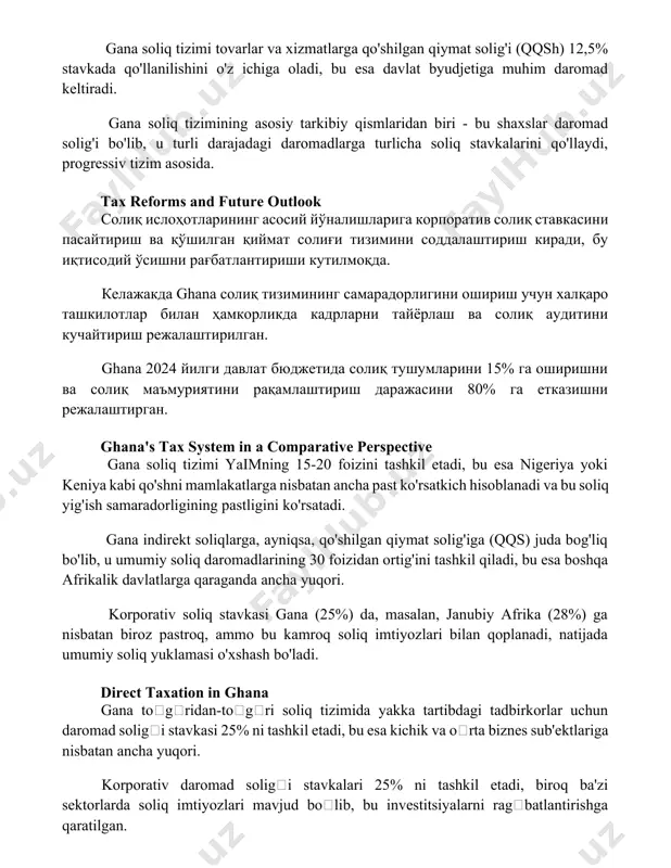 i qo'llaydi, progressiv tizim asosida. tax reforms and future outlook солиқ ислоҳотларининг асосий йўналишларига корпоратив солиқ ставкасини пасайтириш ва қўшилган қиймат солиғи тизимини соддалаштириш киради, бу иқтисодий ўсишни рағбатлантириши кутилмоқда. келажакда ghana солиқ тизимининг самарадорлигини ошириш учун халқаро ташкилотлар билан ҳамкорликда кадрларни тайёрлаш ва солиқ аудитини кучайтириш режалаштирилган. ghana 2024 йилги давлат бюджетида солиқ тушумларини 15% га оширишни ва солиқ маъмуриятини рақамлаштириш даражасини 80% га етказишни режалаштирган. ghana's tax system in a comparative perspective gana soliq tizimi yaimning 15-20 foizini tashkil etadi, bu esa nigeriya yoki keniya kabi qo'shni mamlakatlarga nisbatan ancha past ko'rsatkich hisoblanadi va bu soliq yig'ish samaradorligining pastligini ko'rsatadi. gana indirekt soliqlarga, ayniqsa, qo'shilgan qiymat solig'iga (qqs) juda bog'liq bo'lib, u umumiy soliq daromadlarining 30 foizidan ortig'ini tashkil qiladi, bu esa boshqa afrikalik davlatlarga qaraganda ancha yuqori. korporativ soliq stavkasi gana (25%) da, masalan, janubiy afrika (28%) ga nisbatan biroz pastroq, ammo bu kamroq soliq imtiyozlari bilan …