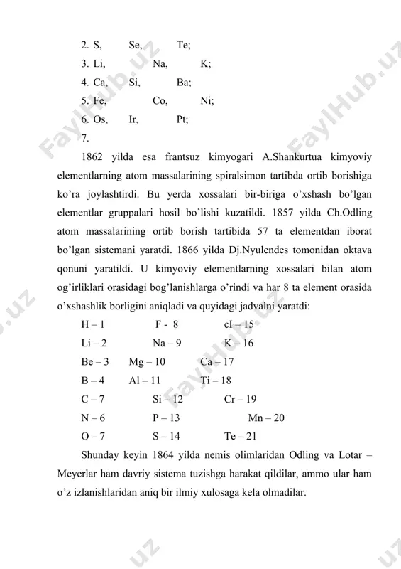 va boshqa xossalarini bilish imkonini beradi. davriy qonundan foydalanib mendeleev hali noma‘lum bo’lgan elementlarni xossalarini bashorat qildi. ma‘lumki haqiqiy ilmiy nazariyaning kuchi u sosda olingan faktlarni tushintirishgina emas, balki yangi faktlarni ko’ra bilishdadir. elementlarning xossalarini bir xil tartibda tavsiflash, davriy sistemada har bir elementni aniq, qat‘iyan, doimiy ravishda turishini nazarda tutadi. bu o’rinlarning (holat) intervalligi (o’zgarmaslik) deyiladi. ma‘lumki d.i.mendeleev sistemasida elementlarning holati faqatgina uning tartib nomeri bilan emas, balki u turgan davr nomeri (qator) va gruppasi bilan ham aniqlanadi. doimo eng ko’p tarqalgan zamonaviy davriy sistema formasida ham elementning variantlik holati tartibi hamma vaqt ham saqlanmaydi. shu sababli elementning o’rnini (holatini) bir xilda belgilaydigan umumiy kriteriya zarurdir. mendeleevning o’zi shunday kriteriya sifatida elementlarning kimyoviy xossasini tanladi. u atom massalari qiymatiga nisbatan, kimyoviy xossalarini asosiy xarakteriyatika deb hisobladi. shuning uchun u elementlarning joylarini almashtirdi (18ar – 19k, 27co – 28ni, 52te – 53i) ya‘ni gruppalardagi o’xshashlik kimyoviy xossalarini namoyon qilishini ko’rsatdi. …