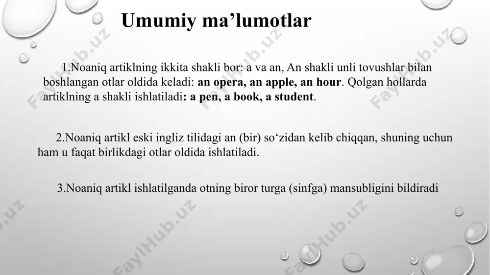 anda ham noaniq artikl ishlatiladi: there is a man in the room. 5. ba’zi hollarda noaniq artikl bir ma’nosini to‘liq saqlab qolgan: i shall come in an hour. he did not say a word. i have bought a pound of sugar. hundred-yuz, thousand-ming, million-million, score-yigirma, so‘zlaridan oldin one yoki noaniq artikl ishlatilishi mumkin he has won a (one)thousand dol-lars. the case weighs a (one) hundred pounds 6.what dan keyin kelgan birlikdagi donalab sanaladigan ot oldida noaniq artikl ishlatiladi va bu qurilma «qanday ...!» deb tarjima qilinadi: what a clever man! what a fine building! 7. such, quite va rather ravishlaridan keyin kelgan birlikdagi donalab sanaladigan ot oldida noanoq artikl ishlatilad such quite a + sifat + ot rather she is such a clever woman! she is quite a young girl! it is rather a long story. 8. donalab sanaladigan birlikdagi otning oldida too, so bilan sifat kelganda noaniq artikl ishlatiladi: …