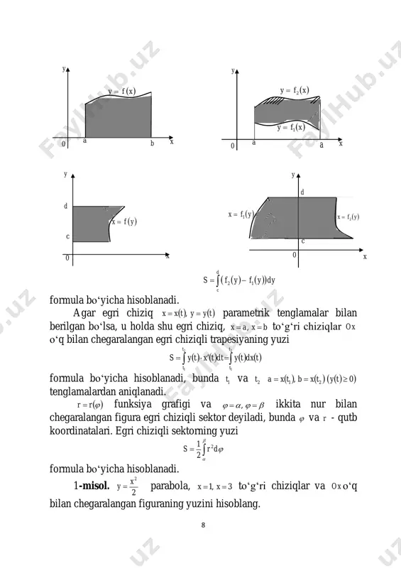 soblash agar to‗g‗ri burchakli koordinatalarda  xfy  funksiya  ba, kesmada silliq (ya‘ni  xfy  hosil uzluksiz) bo‗lsa, u holda bu egri chiziq mos yoyining uzunligi    b a dxyl 2 1 formula bo‗yicha hisoblanadi. egri chiziq         tyy txx parametrik tenglamalar bilan berilgan bo‗lsa, bu egri chiziqning  21, ttt parametrning monoton o‗zgarishiga mos yoyining uzunligi      2 1 22 t t dtyxl formula bilan hisoblanadi. agar silliq egri chiziq qutb koordinatalarda      rr tenglama bilan berilgan bo‗lsa, u holda yoy uzunligi      drrl 22 formula bilan hisoblanadi. 1-misol. 32 xy  yarim kubik parabolaning koordinatalar boshidan  8,4a nuqtagacha bo‗lgan yoyi uzunligini toping. y 8 0 4 x y 0 a2 x 12 yechish. avval shaklni chizamiz. parabola tenglamasini differensiallaymiz: . 2 3 , 2 …